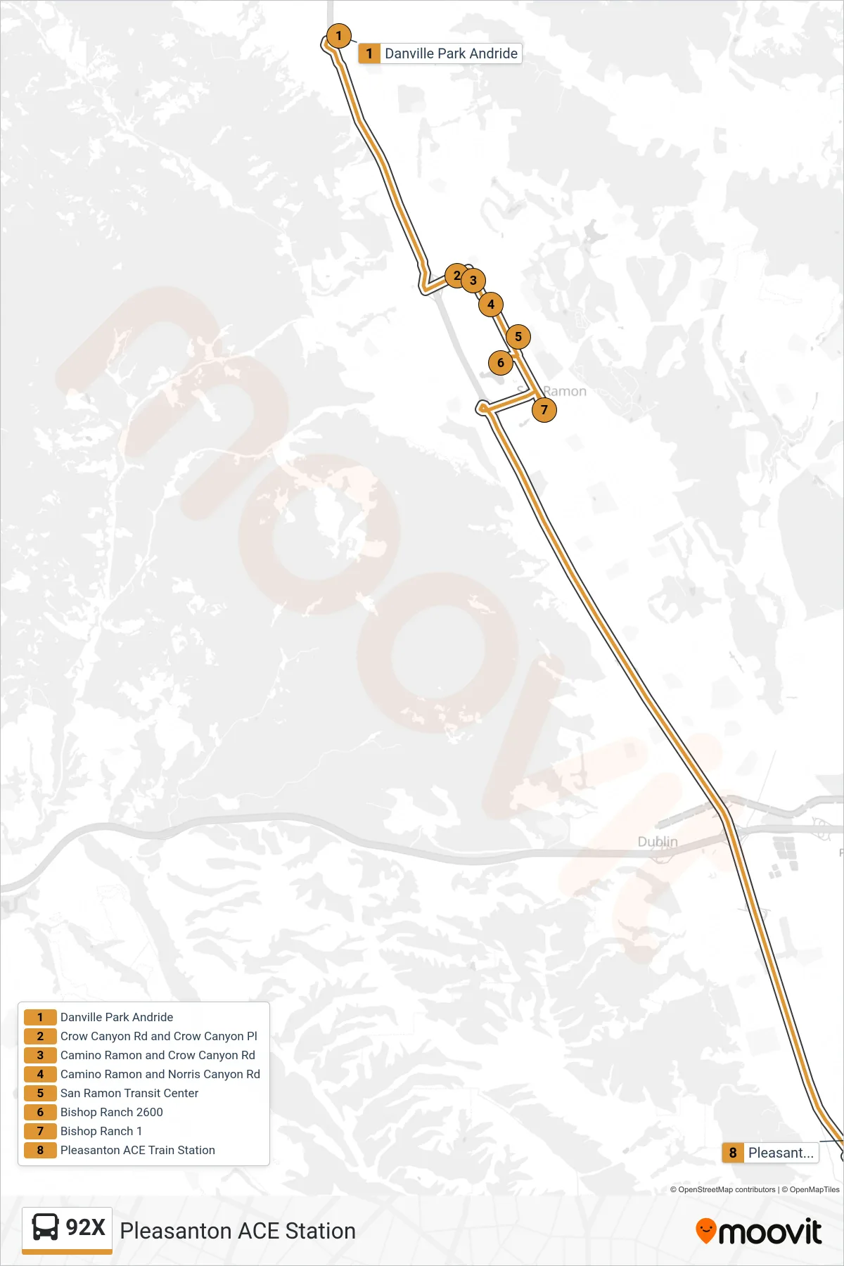 92X bus Line (Pleasanton ACE Station) route and stops on a map