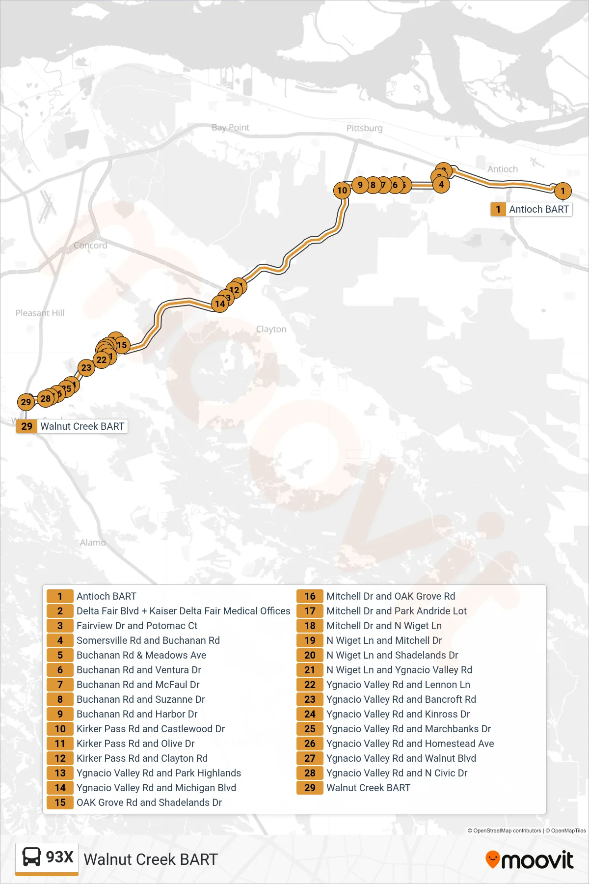 93X bus Line (Walnut Creek BART) route and stops on a map