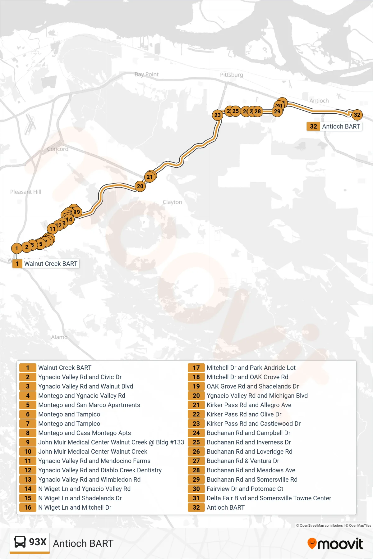 93X bus Line (Antioch BART) route and stops on a map