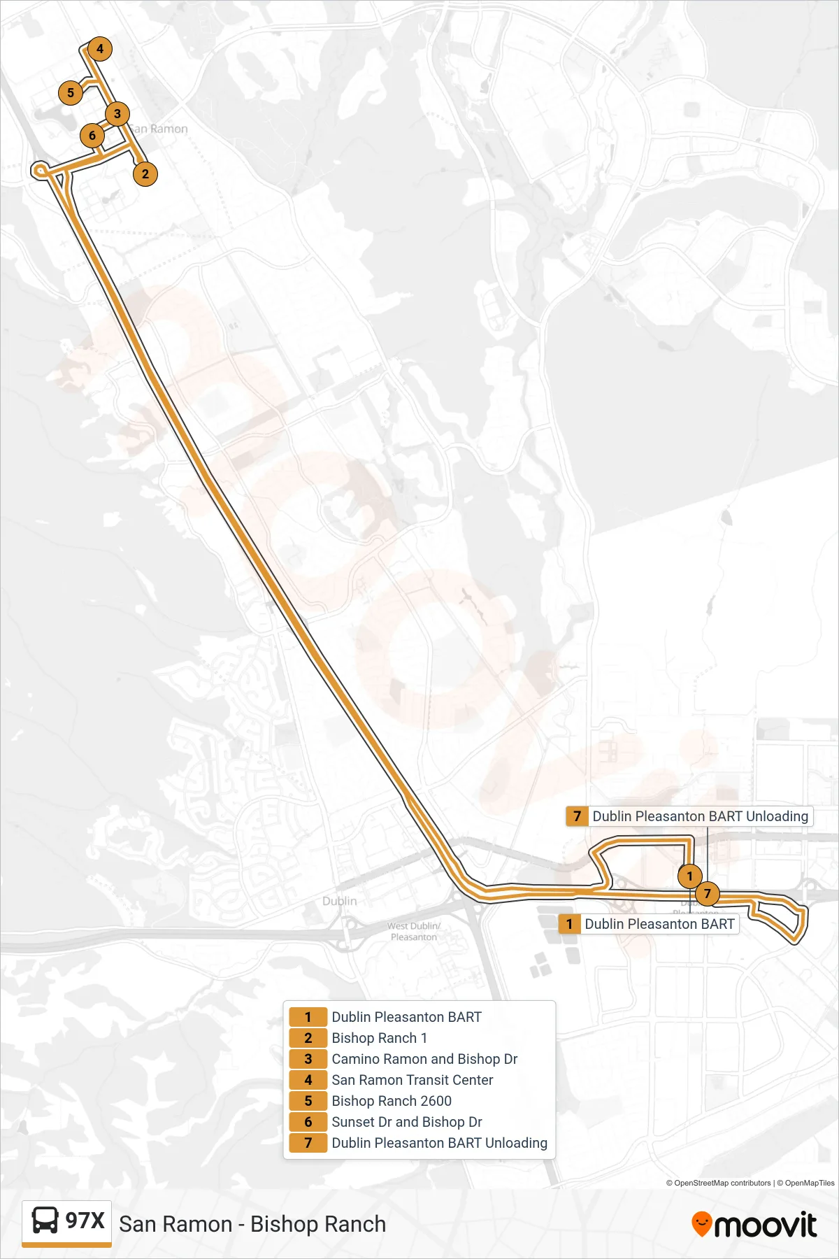 97X bus Line (San Ramon - Bishop Ranch) route and stops on a map