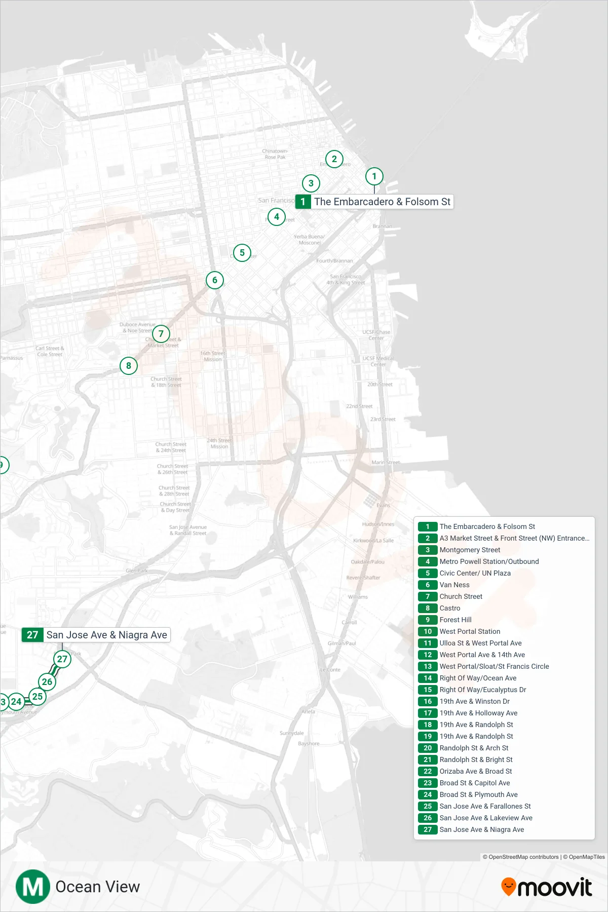 M light rail Line (Balboa Park) route and stops on a map