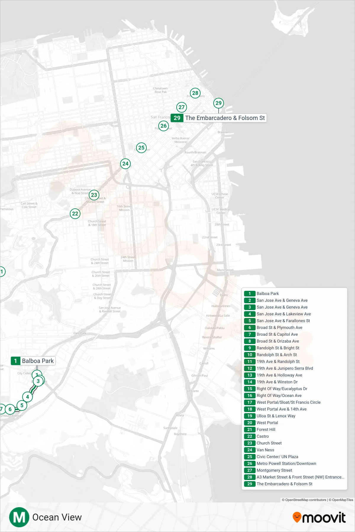 M light rail Line (Embarcadero Station) route and stops on a map