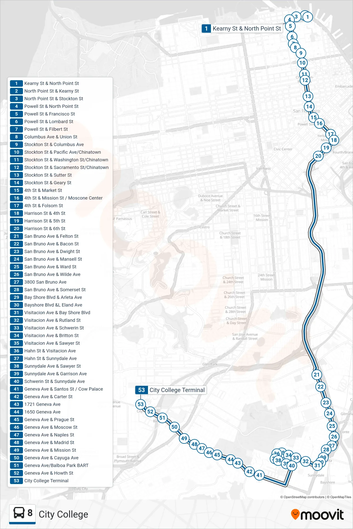 8 bus Line (City College) route and stops on a map