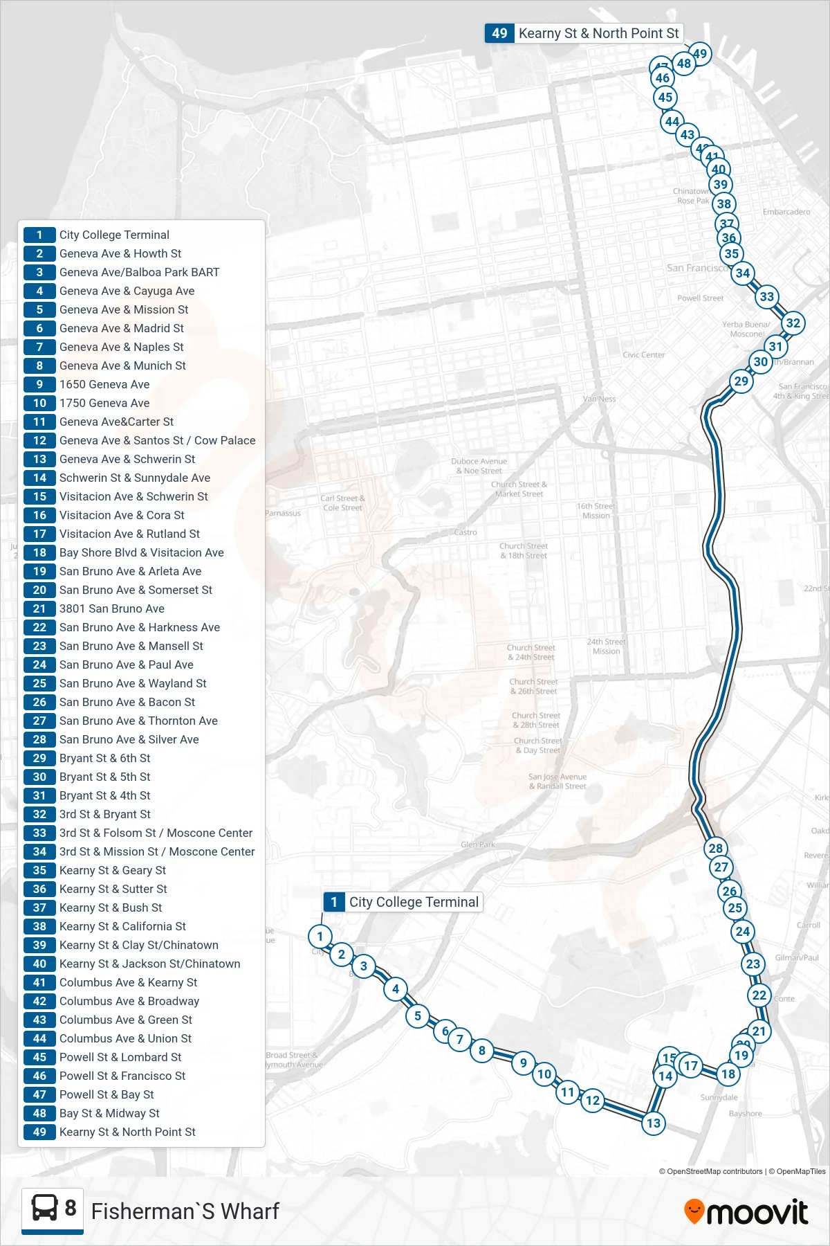 8 bus Line (Fisherman`S Wharf) route and stops on a map