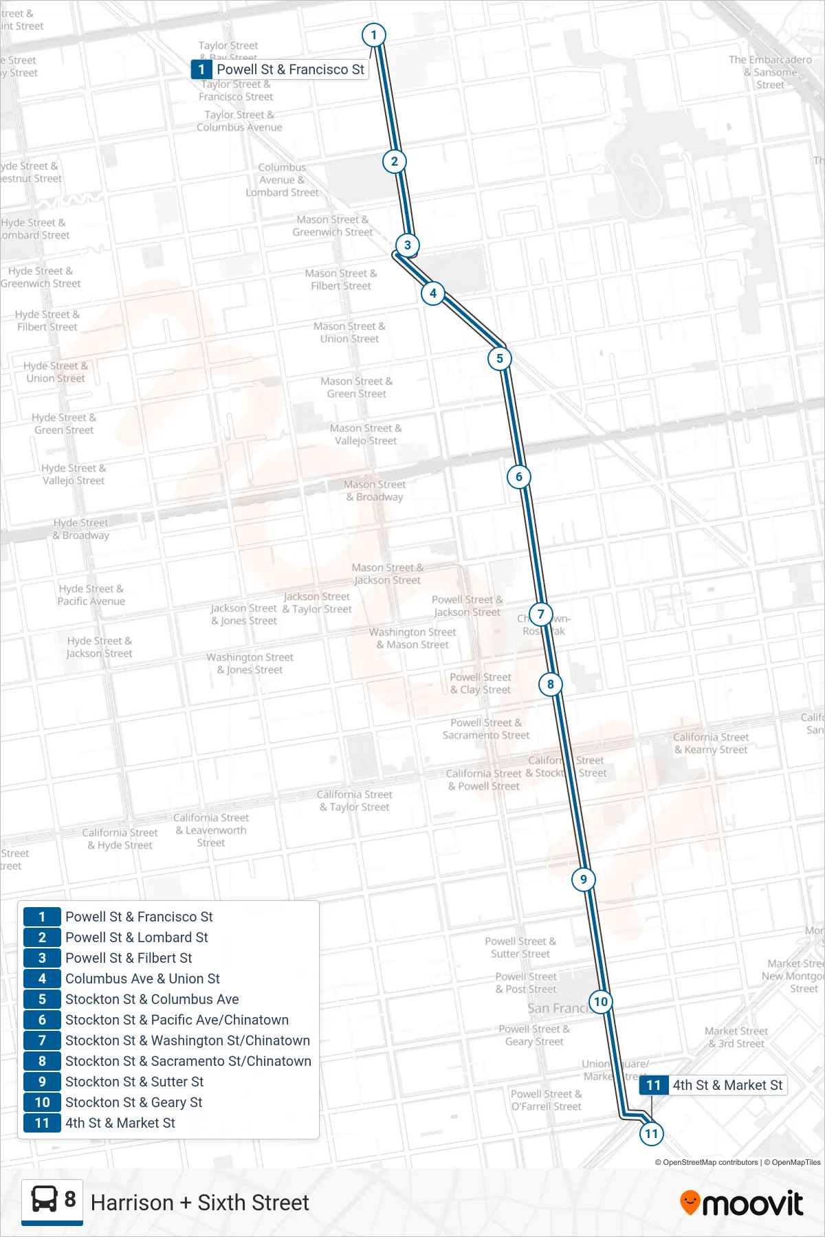 8 bus Line (Harrison + Sixth Street) route and stops on a map