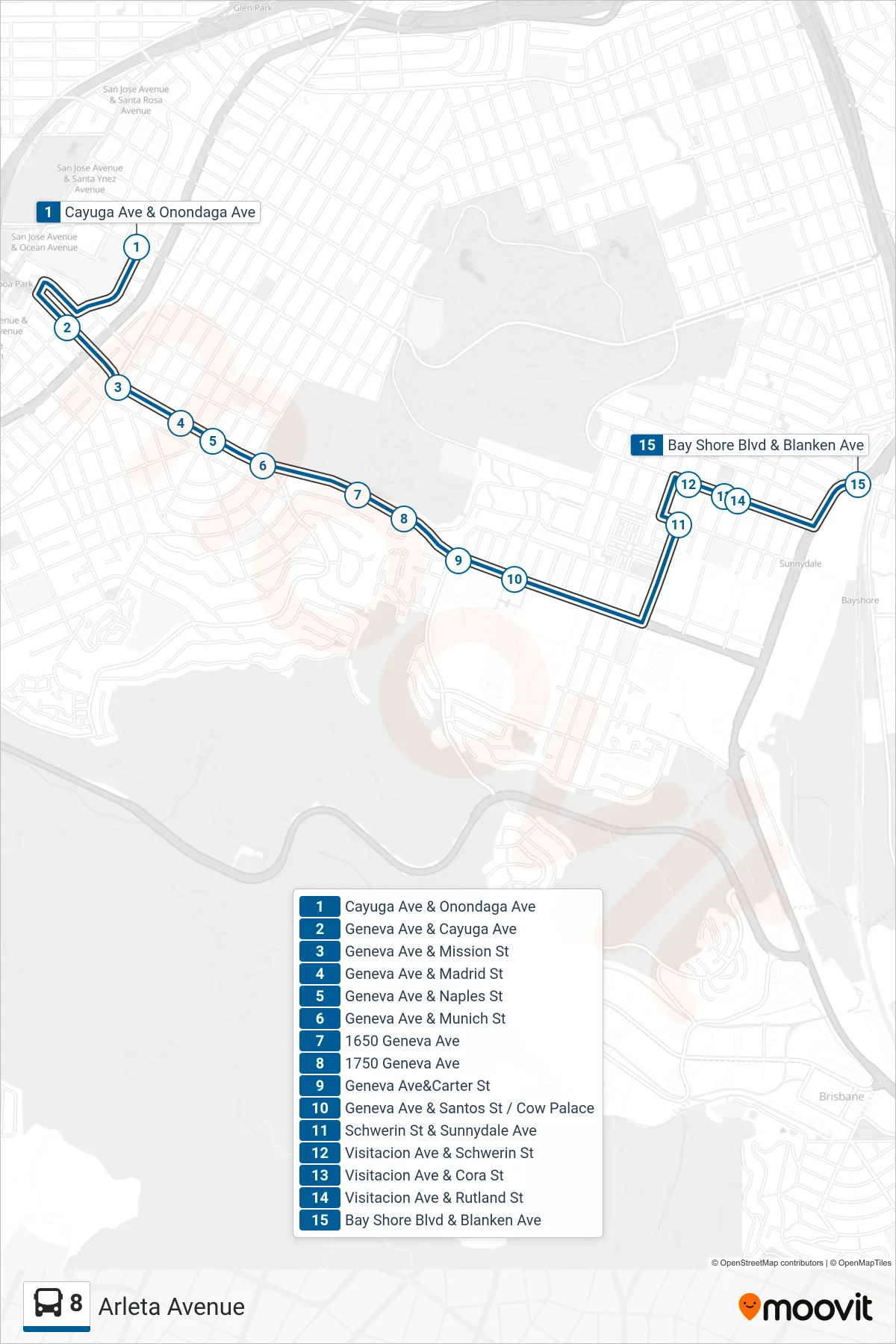 8 bus Line (Arleta Avenue) route and stops on a map