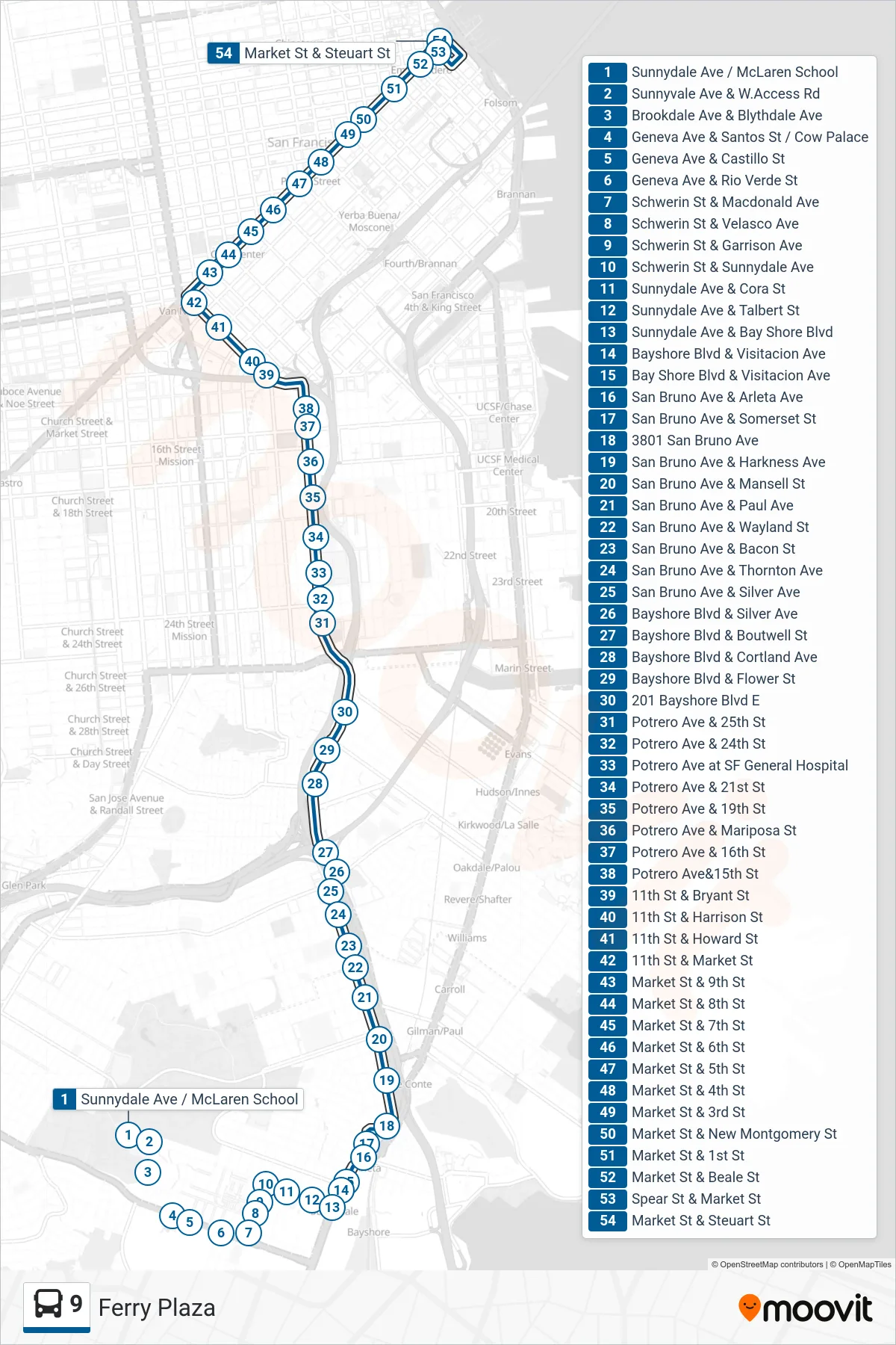 9 bus Line (Ferry Plaza) route and stops on a map