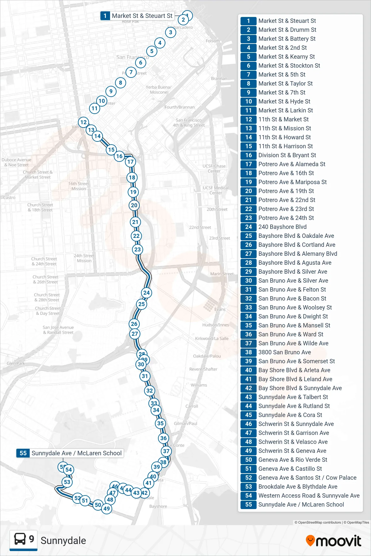 9 bus Line (Sunnydale) route and stops on a map