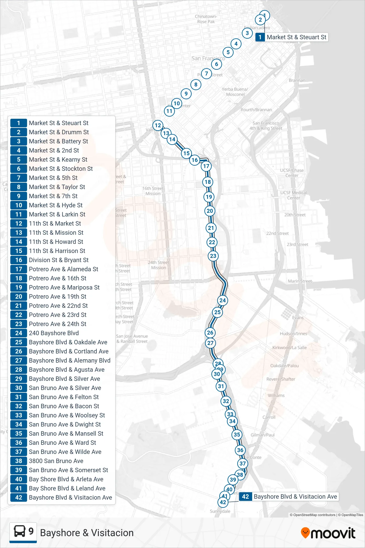 9 bus Line (Bayshore & Visitacion) route and stops on a map