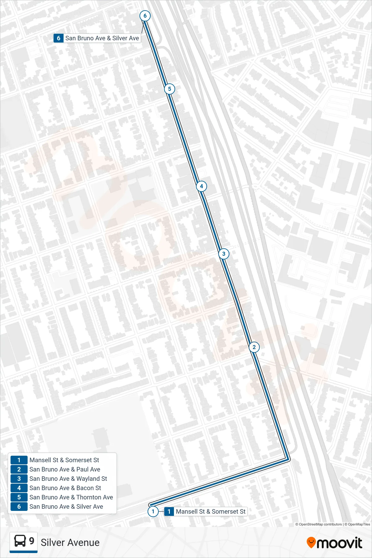 9 bus Line (Silver Avenue) route and stops on a map