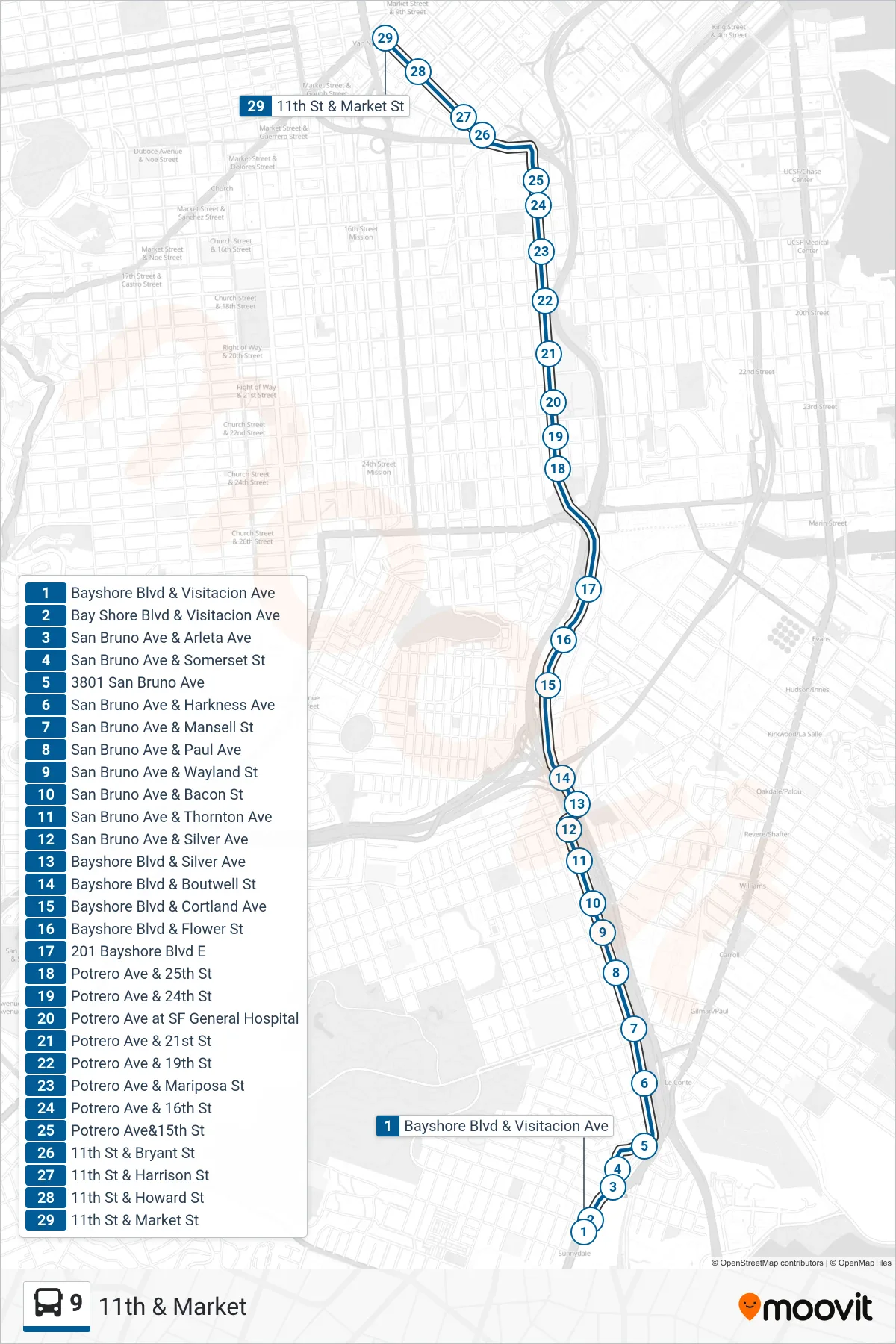 9 bus Line (11th & Market) route and stops on a map