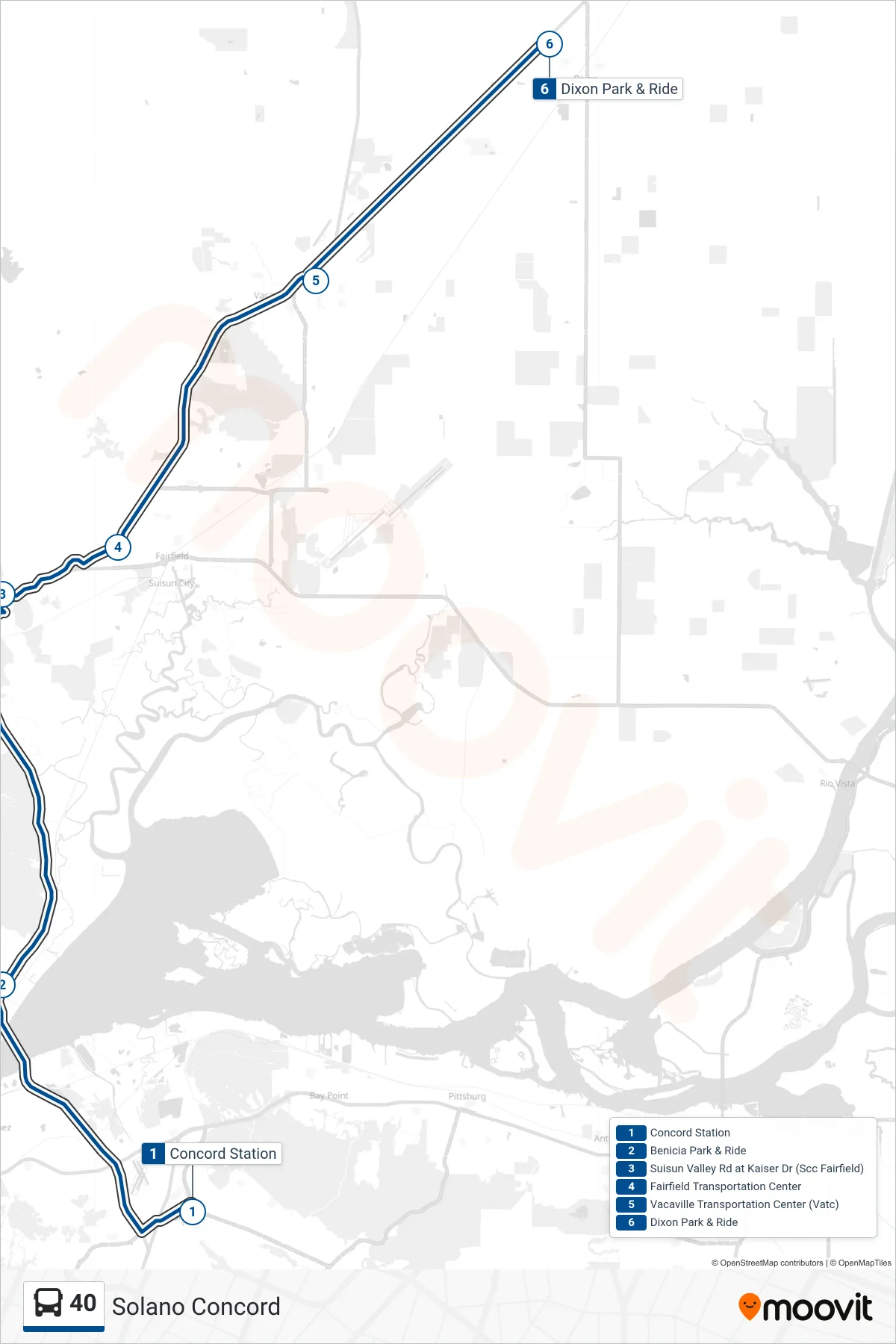 40 bus Line (Dixon Park & Ride via Benicia Park & Ride Express) route and stops on a map
