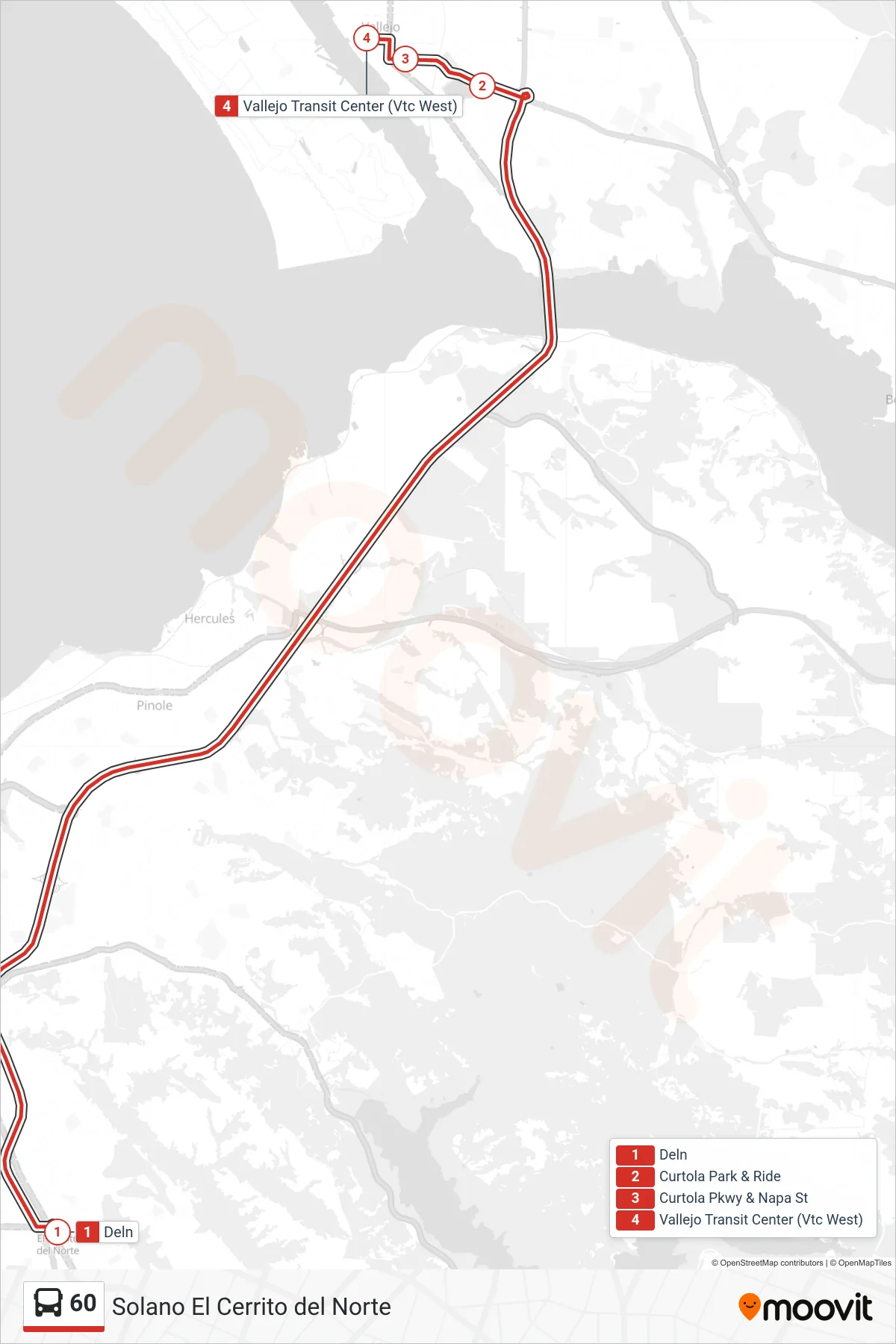 60 bus Line (Vallejo Transit Center Express) route and stops on a map