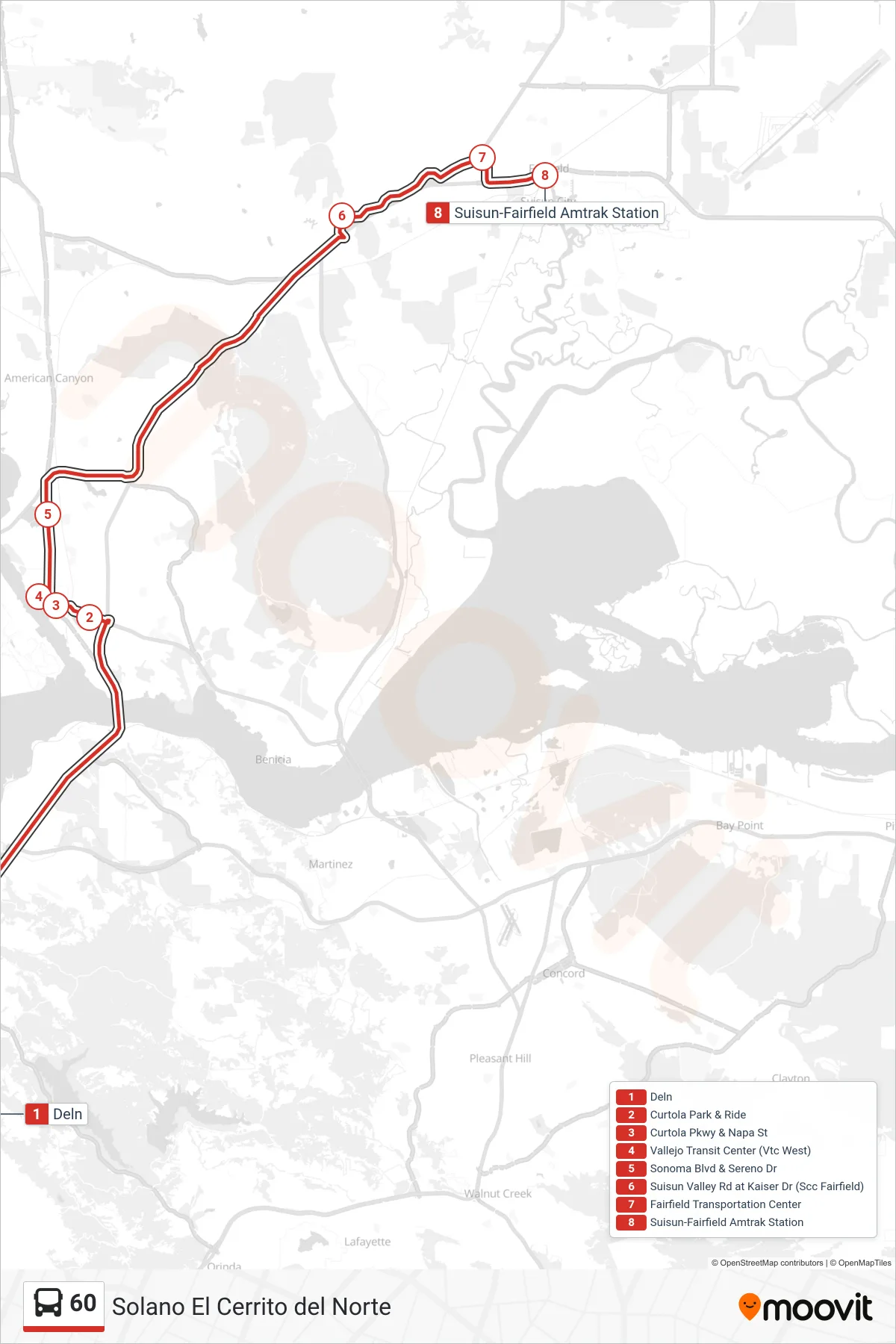 60 bus Line (Suisun-Fairfield Station via Vallejo Transit Center Express) route and stops on a map