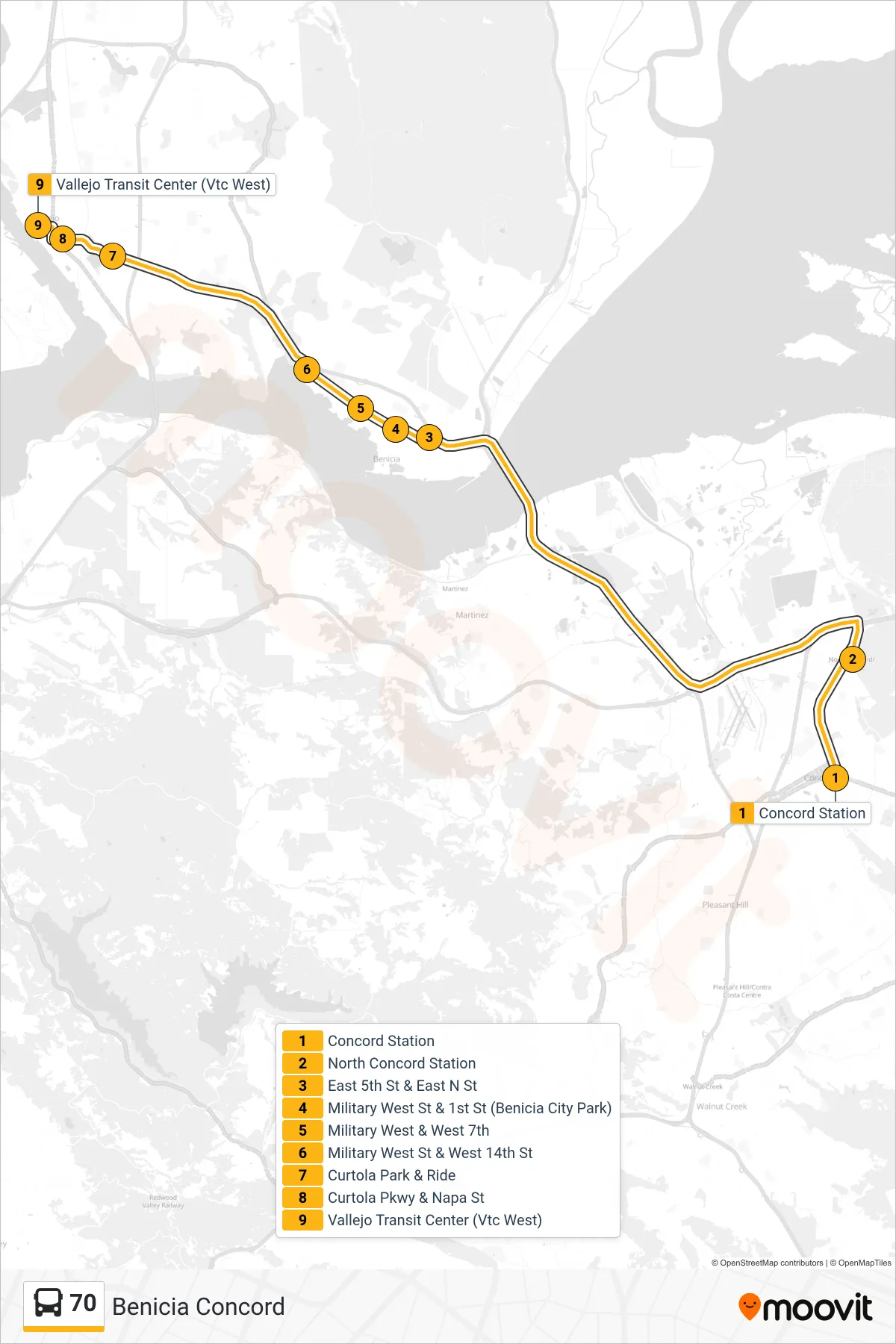 70 bus Line (Vallejo Transit Center via North Concord Station Express) route and stops on a map
