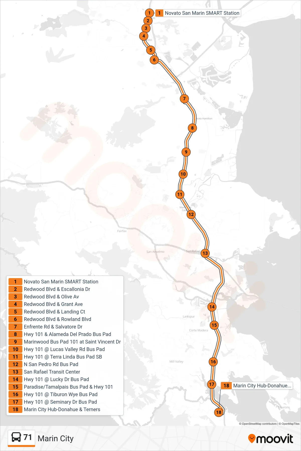 71 bus Line (Marin City) route and stops on a map