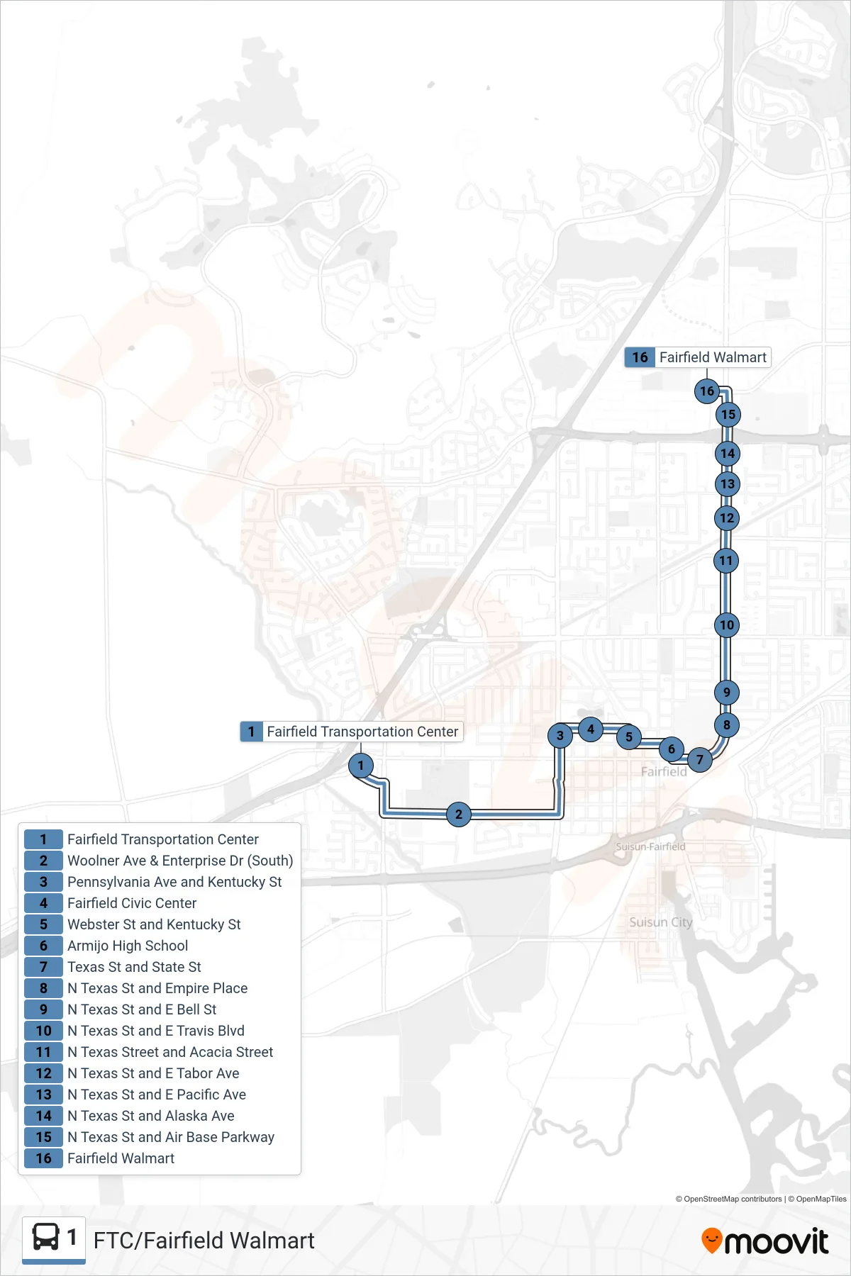 1 bus Line (Fairfield Walmart) route and stops on a map