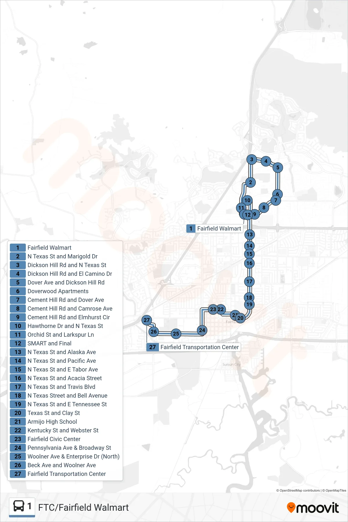 1 bus Line (Fairfield Transportation Center) route and stops on a map