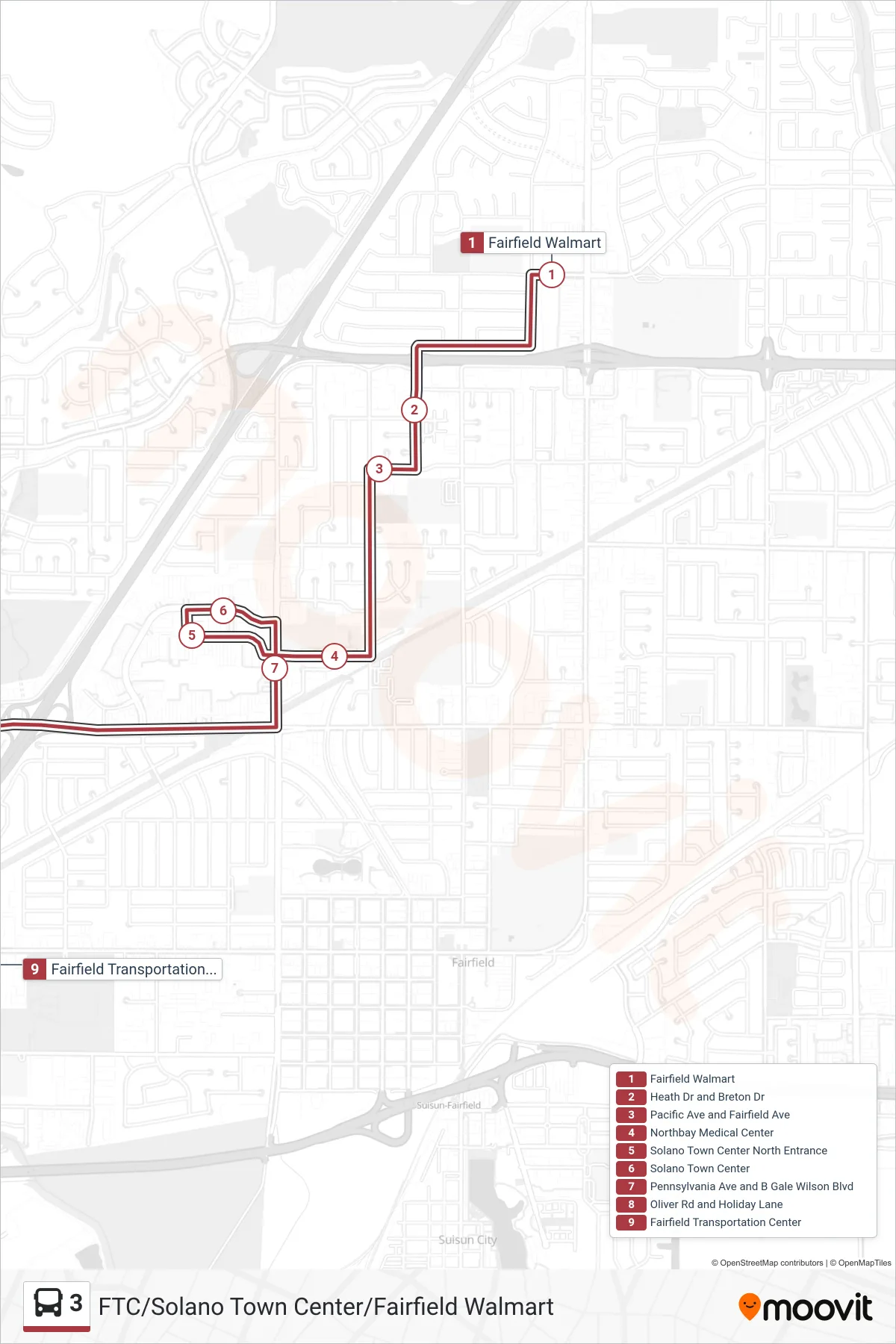 3 bus Line (Fairfield Transportation Center) route and stops on a map