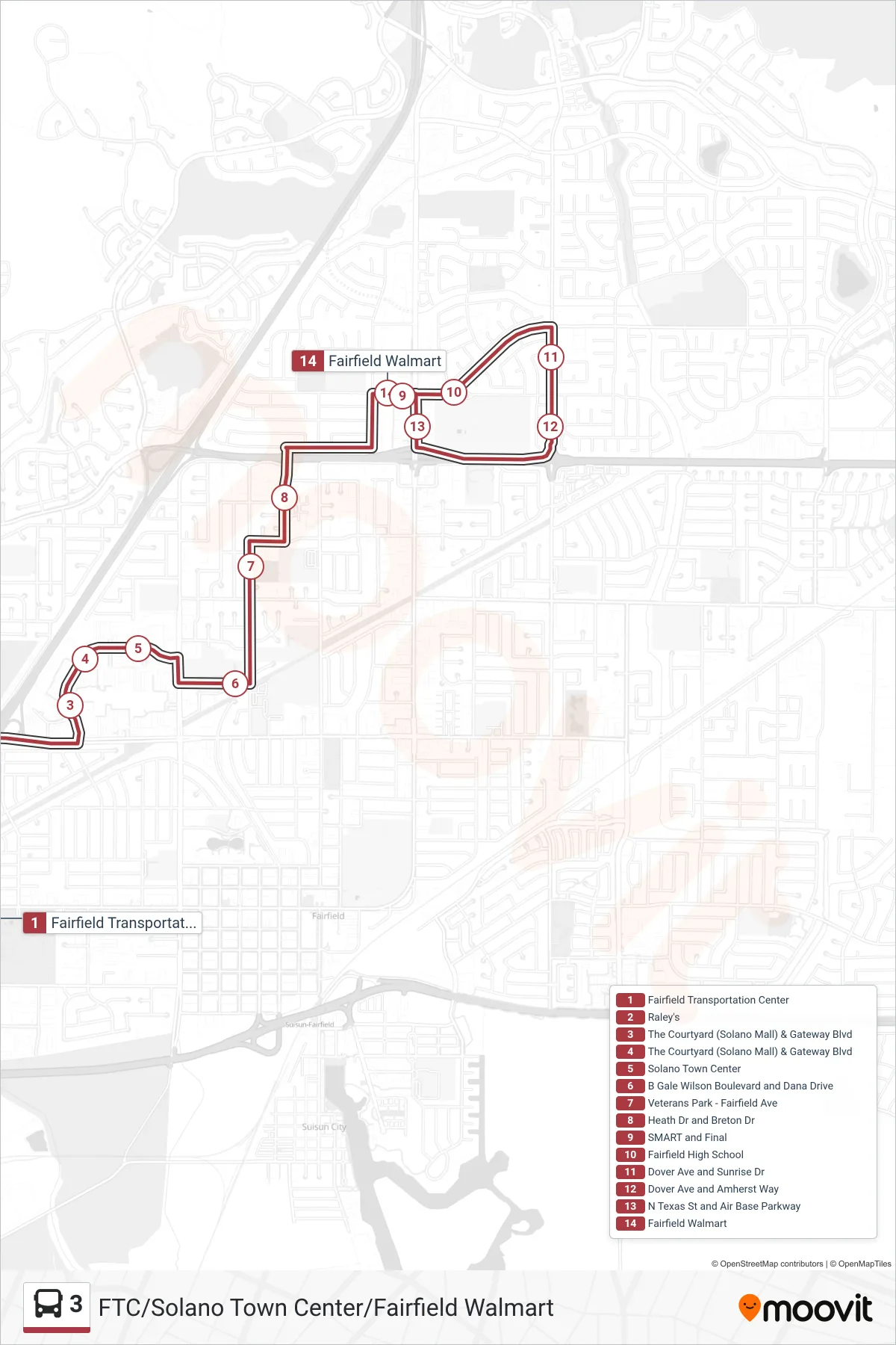 3 bus Line (Fairfield Walmart) route and stops on a map