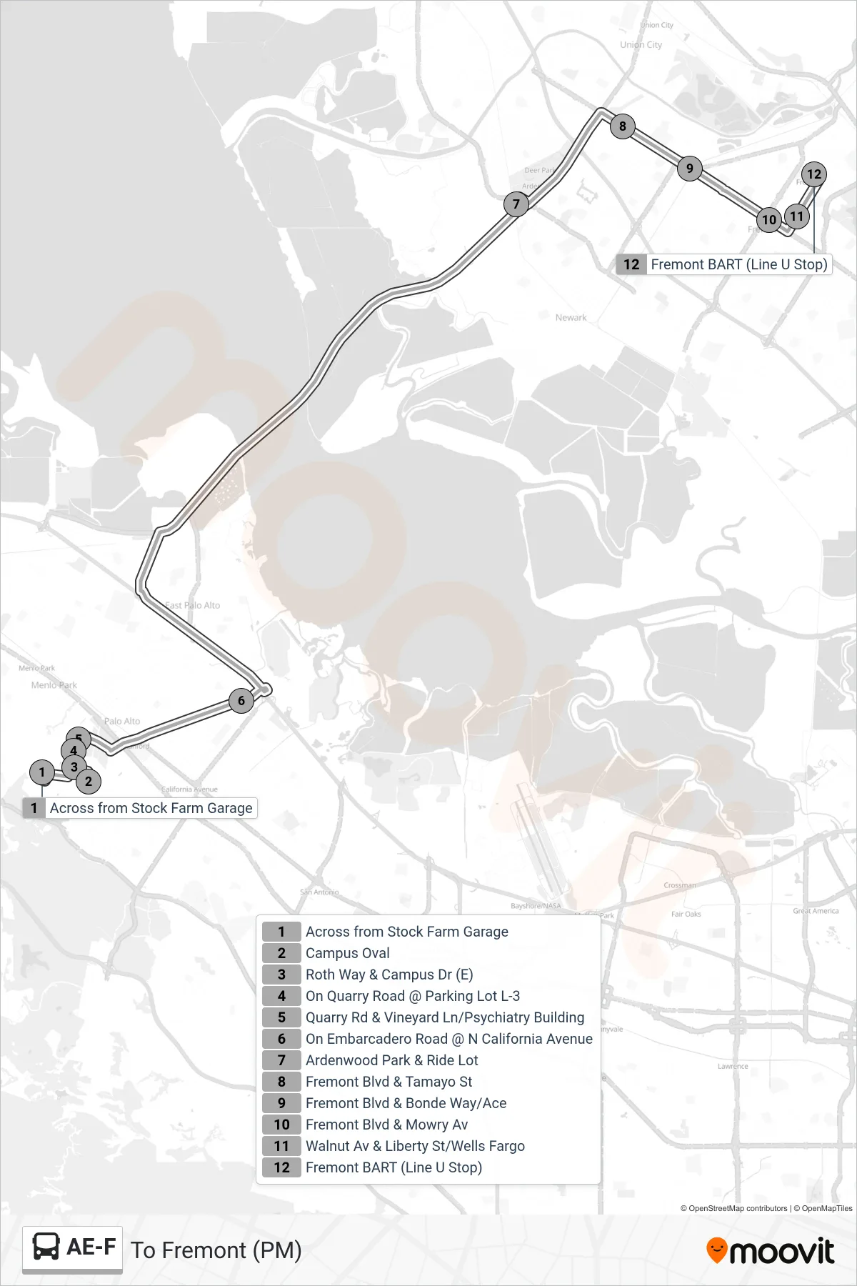AE-F bus Line (To Fremont (PM)) route and stops on a map