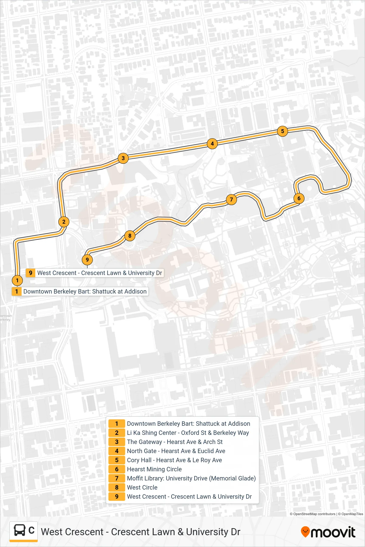 C bus Line (West Crescent - Crescent Lawn & University Dr) route and stops on a map