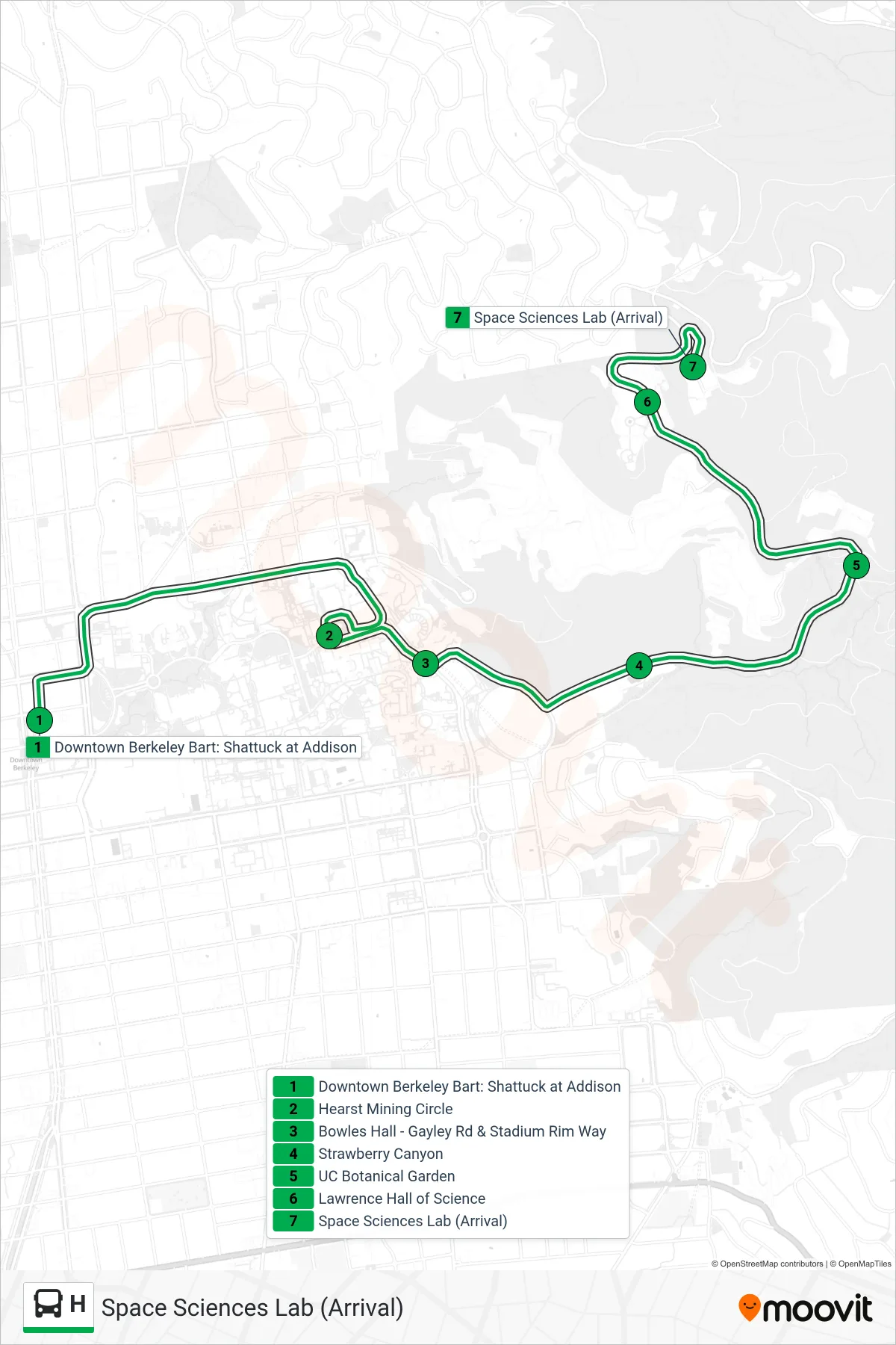 H bus Line (Space Sciences Lab (Arrival)) route and stops on a map