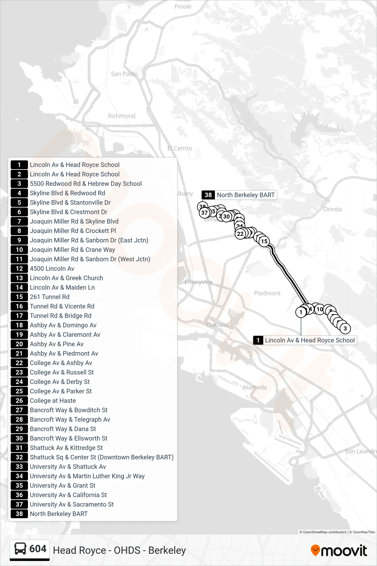 604 bus Line (North Berkeley BART) route and stops on a map
