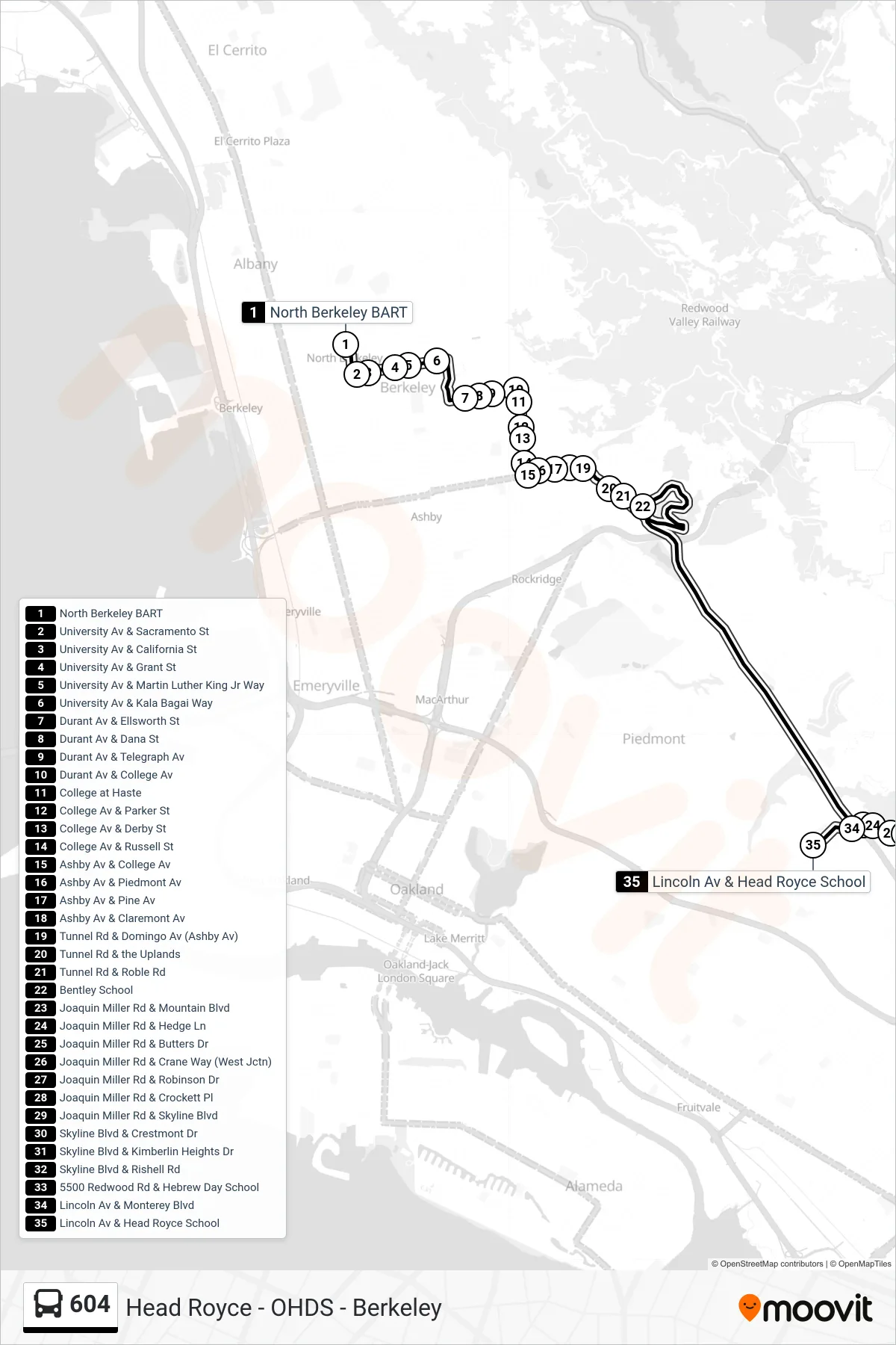 604 bus Line (Head Royce School) route and stops on a map