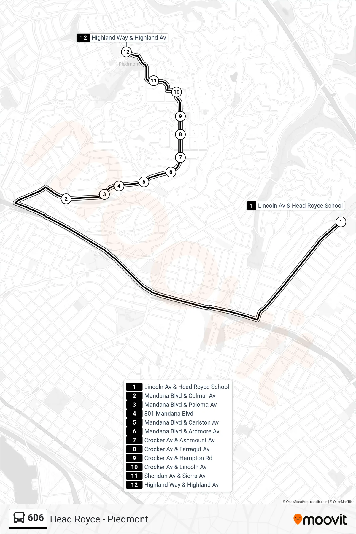 606 bus Line (Piedmont) route and stops on a map