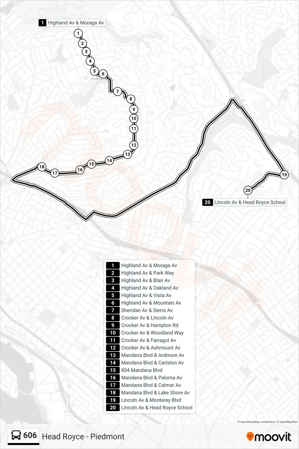 606 bus Line (Head Royce School) route and stops on a map