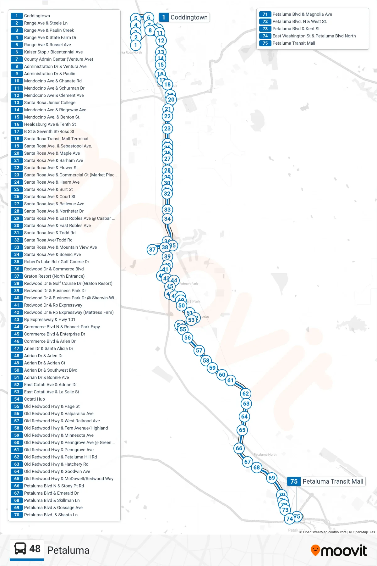48 bus Line (Petaluma) route and stops on a map