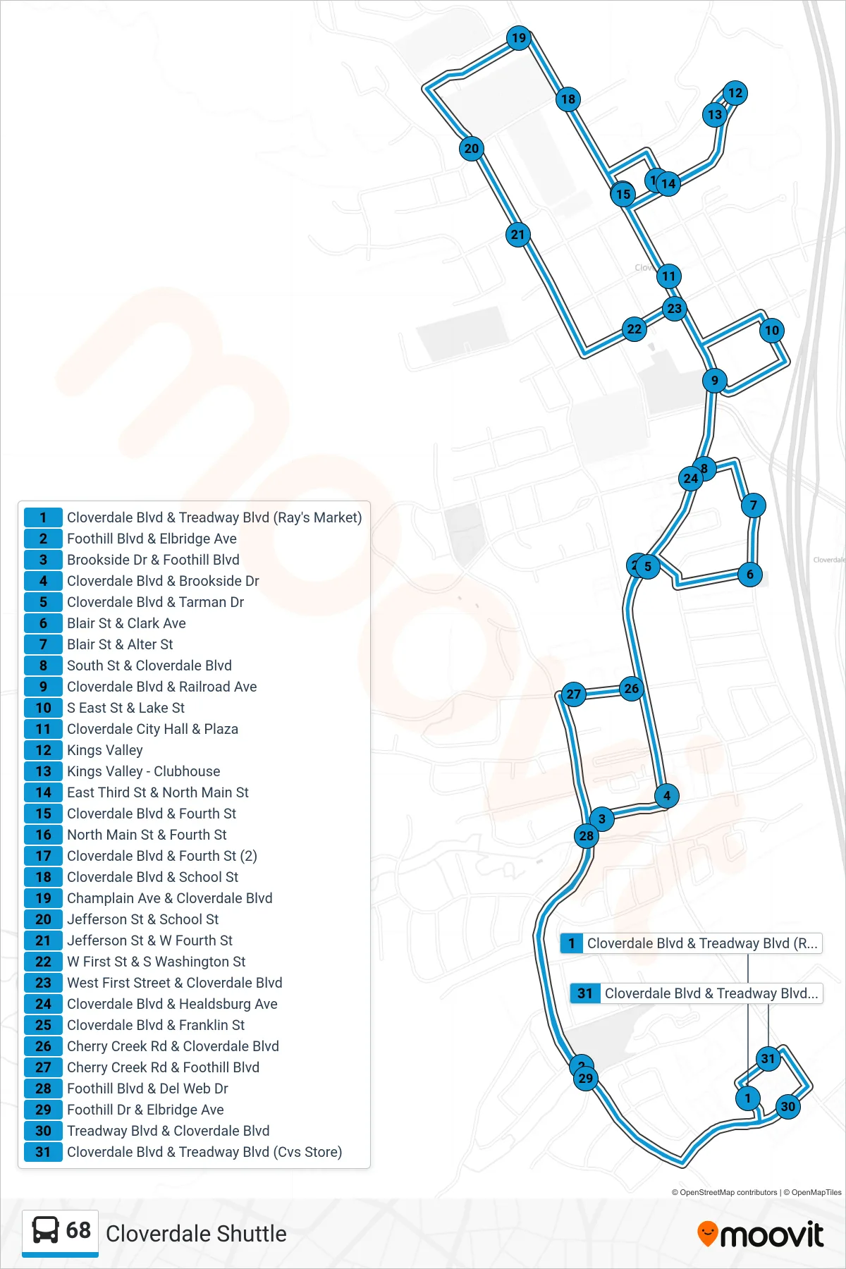 68 bus Line (Cloverdale Shuttle) route and stops on a map