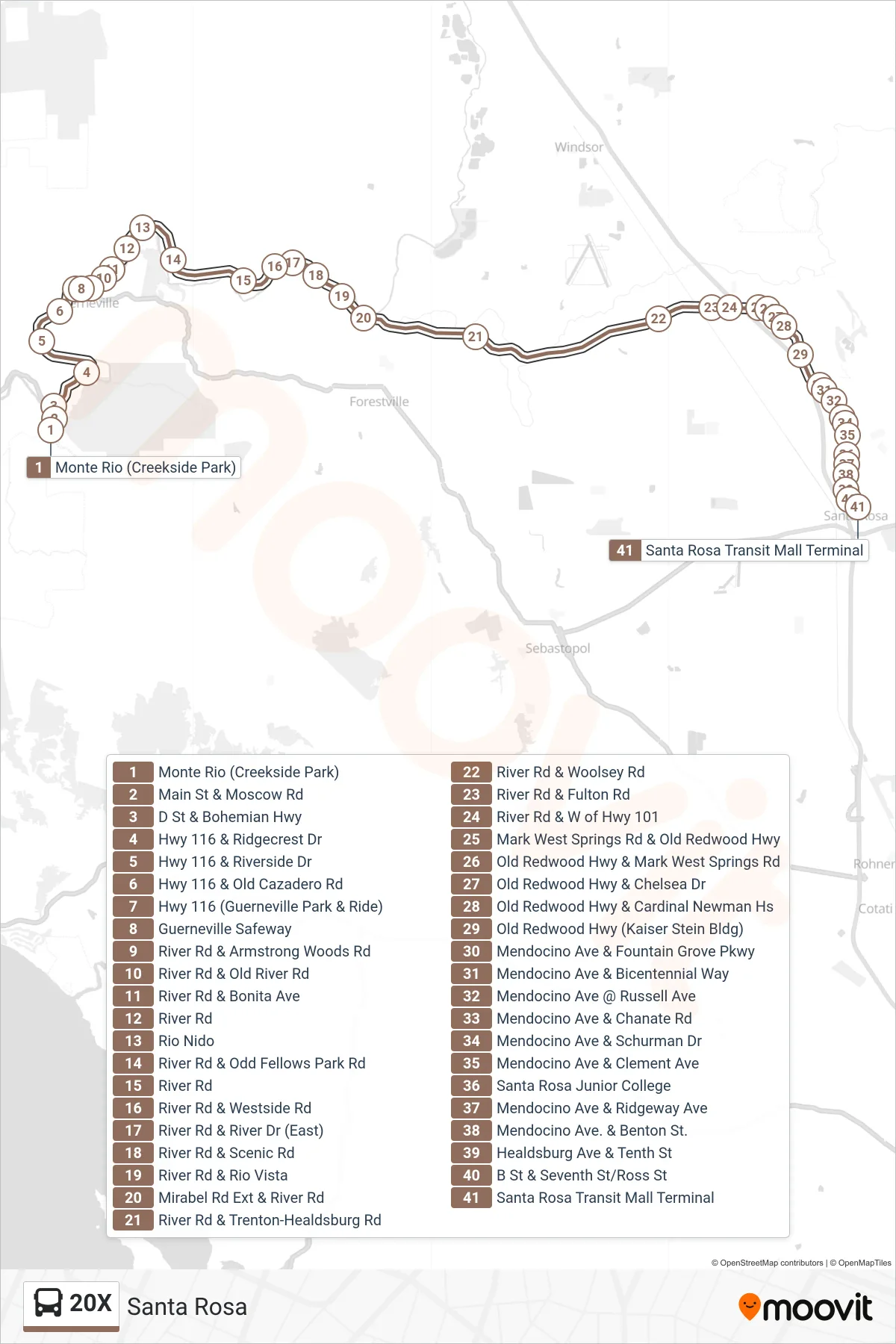 20X bus Line (Santa Rosa) route and stops on a map