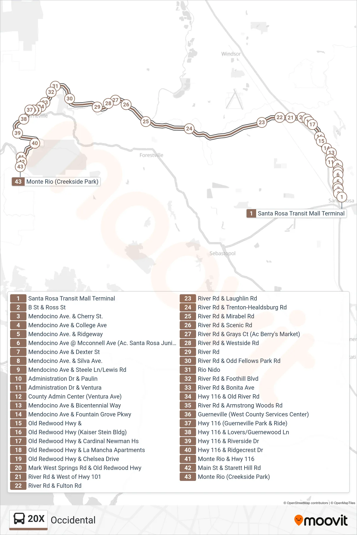 20X bus Line (Occidental) route and stops on a map