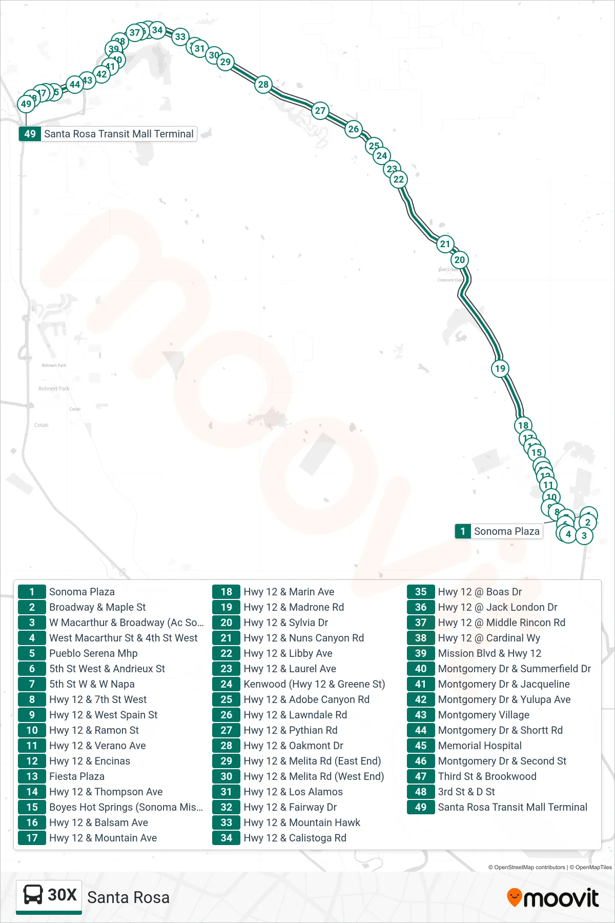30X bus Line (Santa Rosa) route and stops on a map