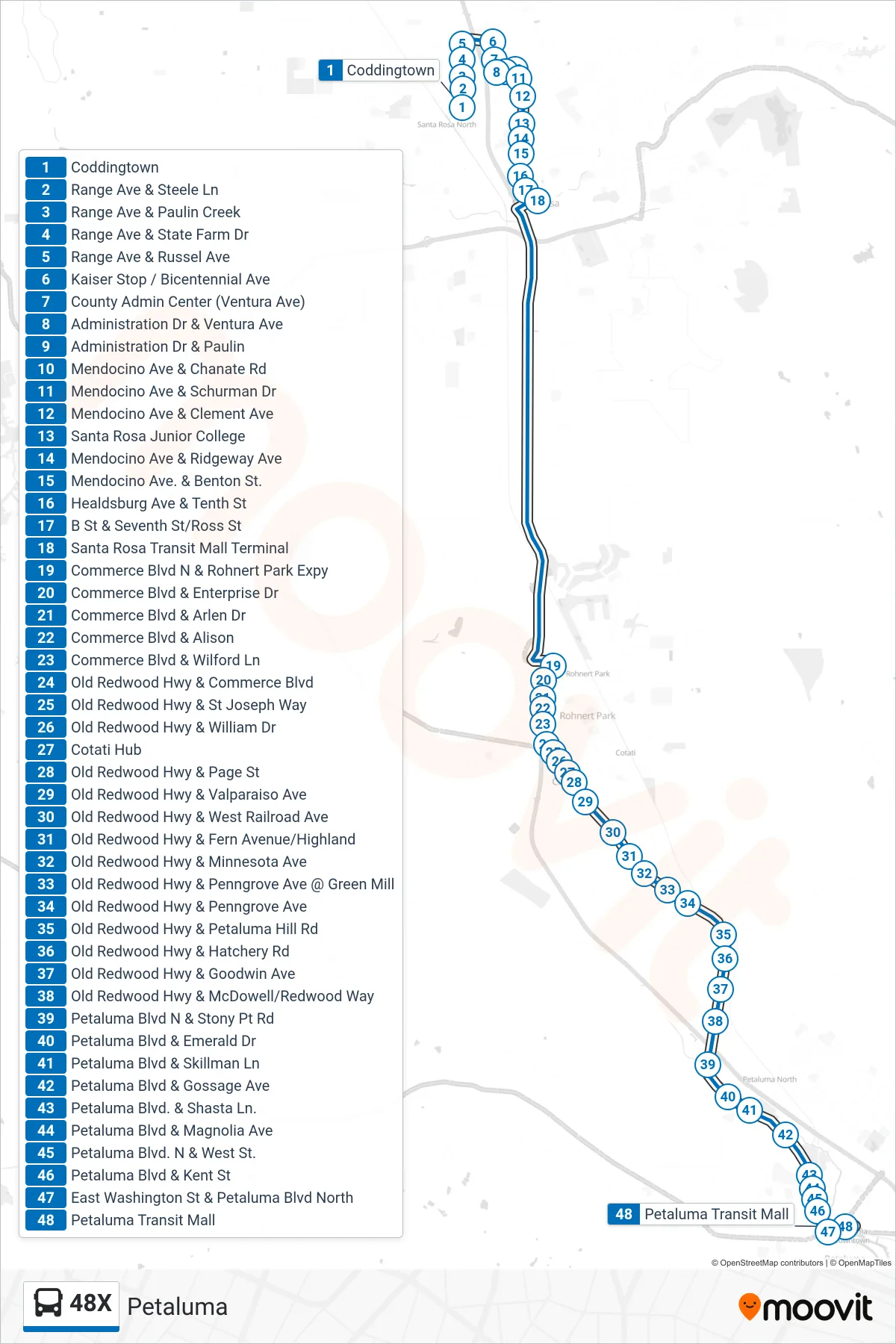48X bus Line (Petaluma) route and stops on a map