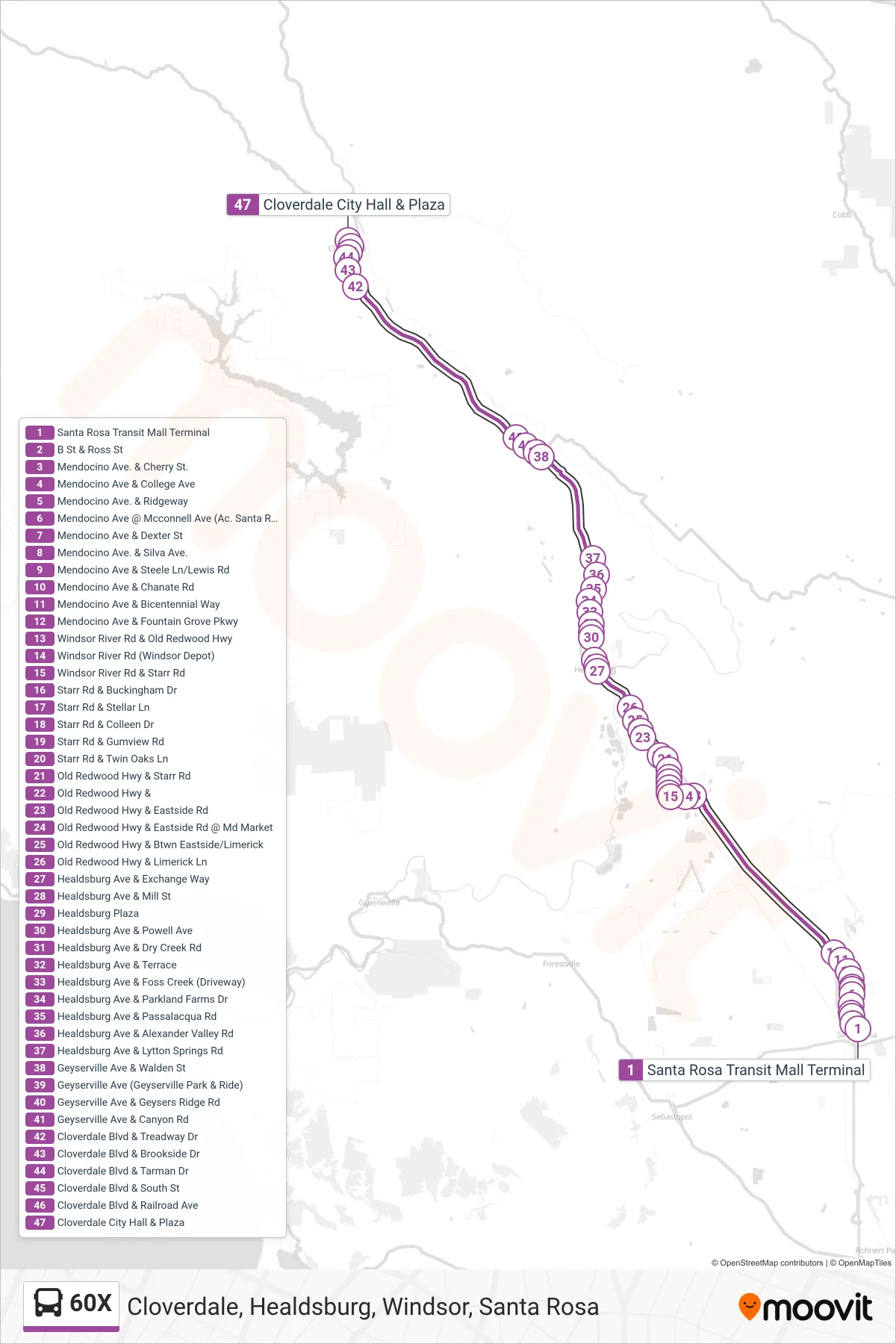 60X bus Line (Cloverdale) route and stops on a map