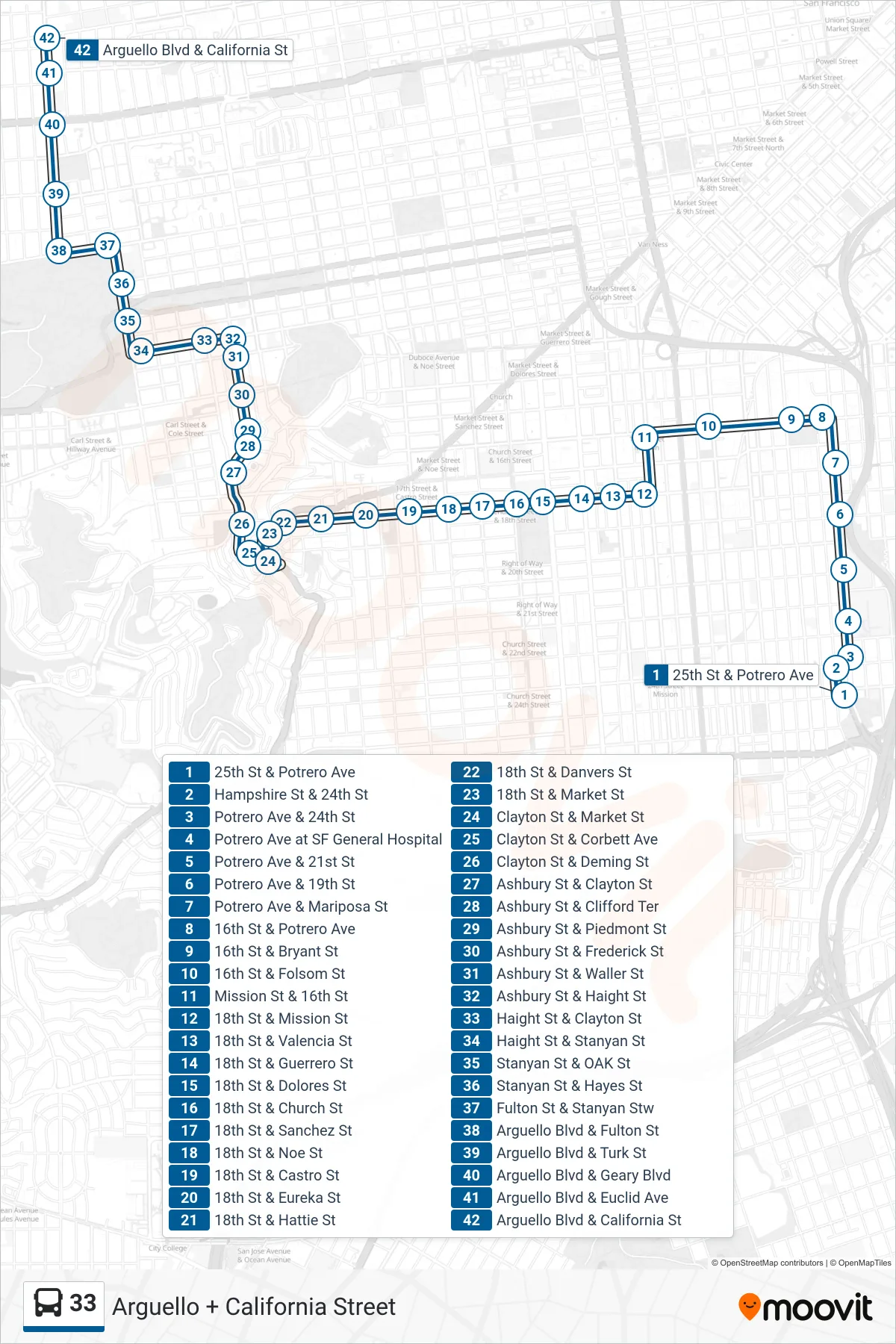 33 bus Line (Arguello + California Street) route and stops on a map