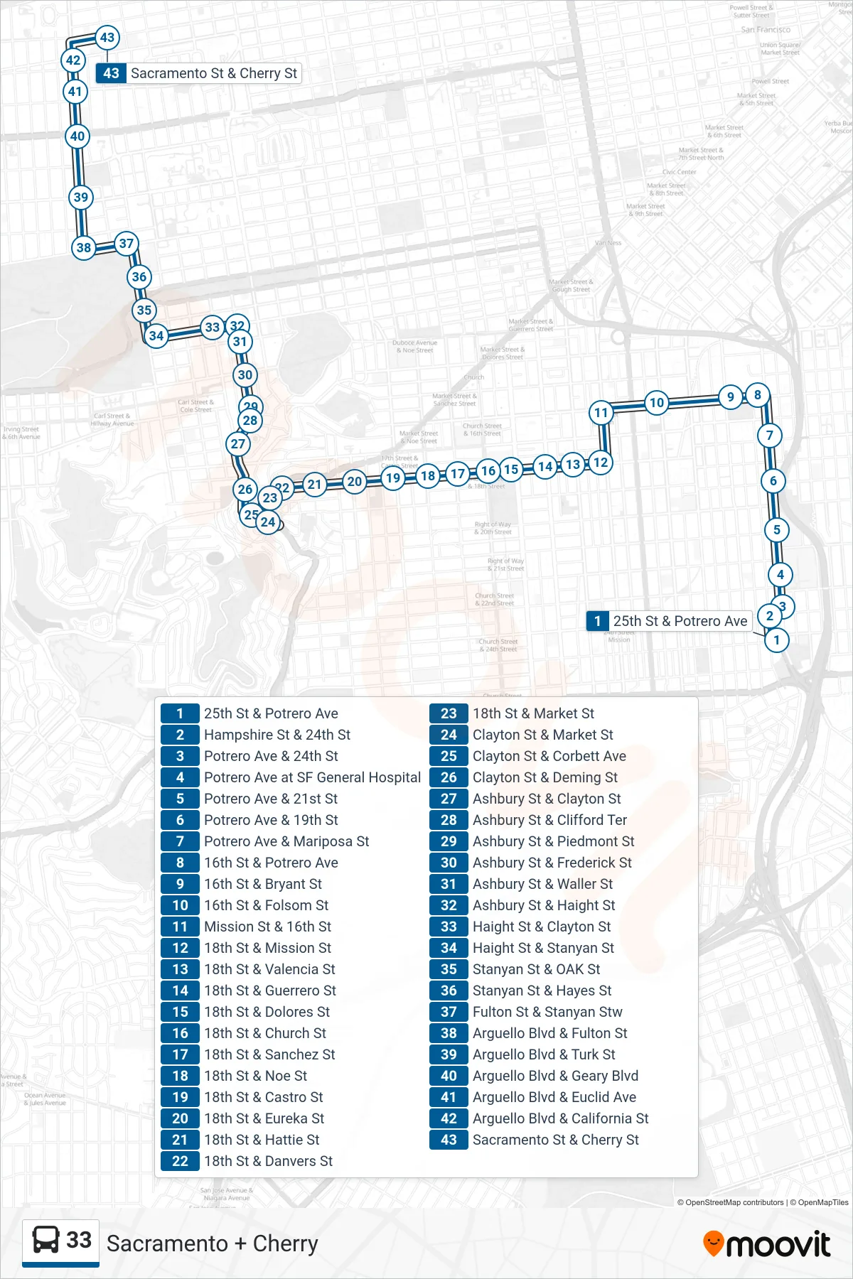 33 bus Line (Sacramento + Cherry) route and stops on a map