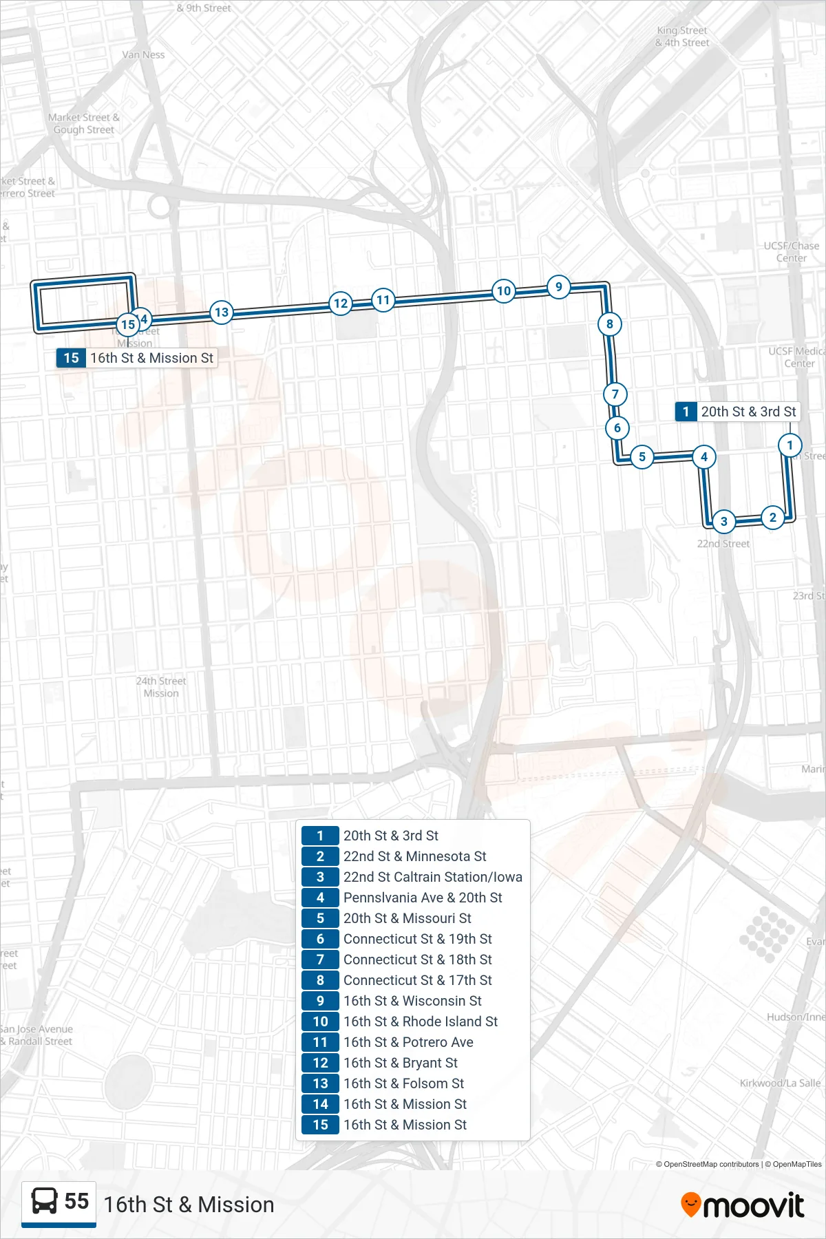 55 bus Line (16th St & Mission) route and stops on a map