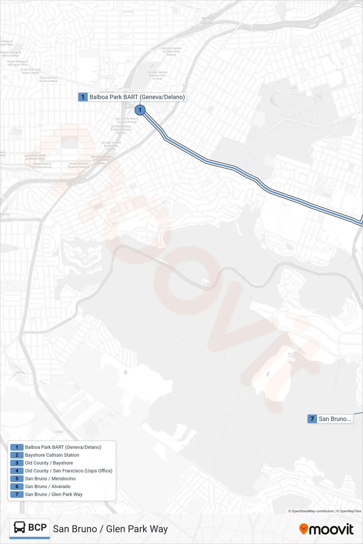 BCP bus Line (San Bruno / Glen Park Way) route and stops on a map
