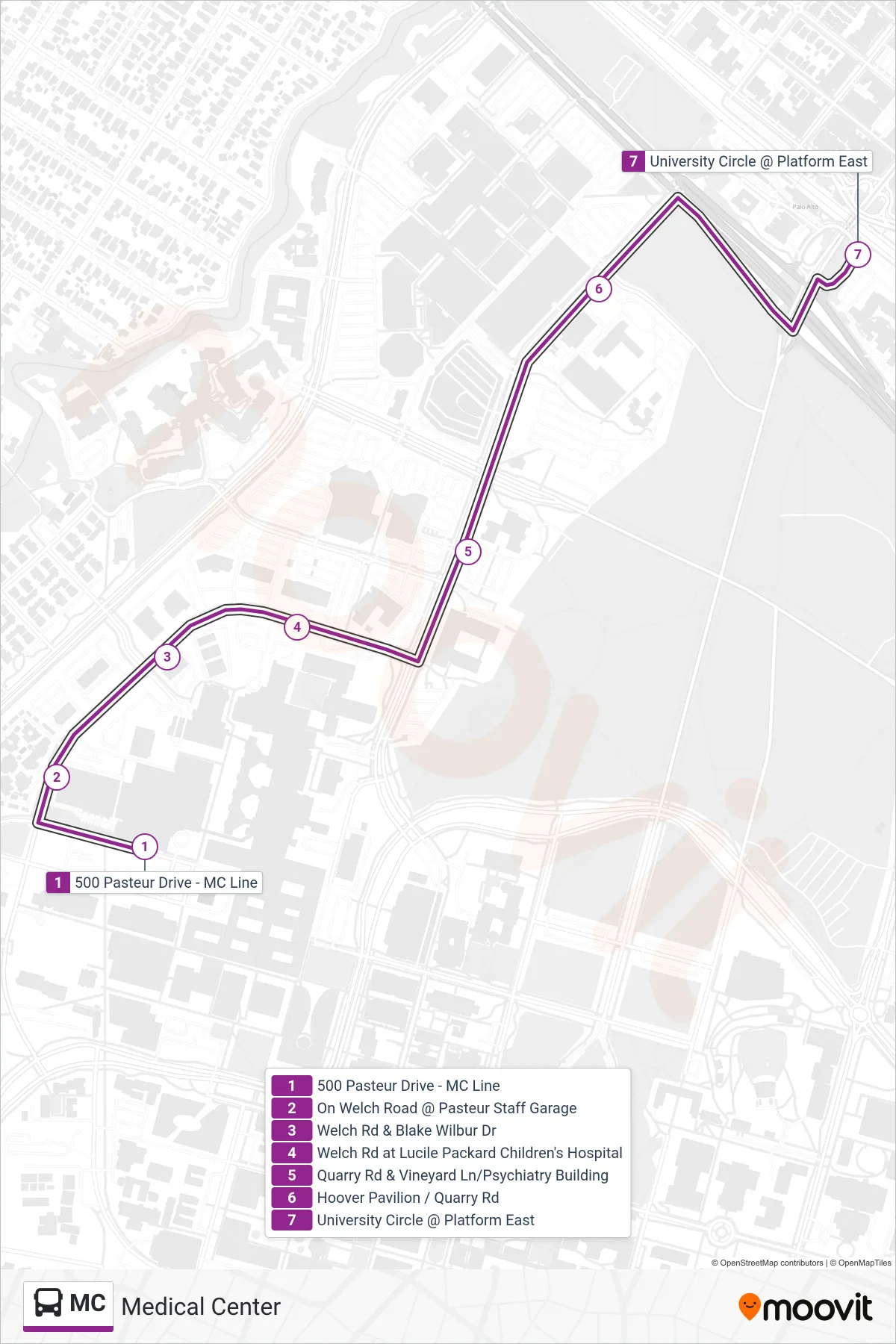 MC bus Line (To Palo Alto Transit Center) route and stops on a map