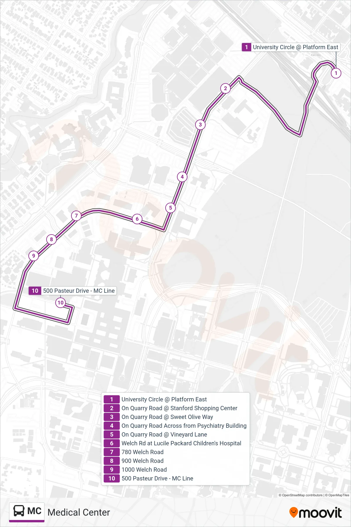 MC bus Line (To Stanford Health Care) route and stops on a map