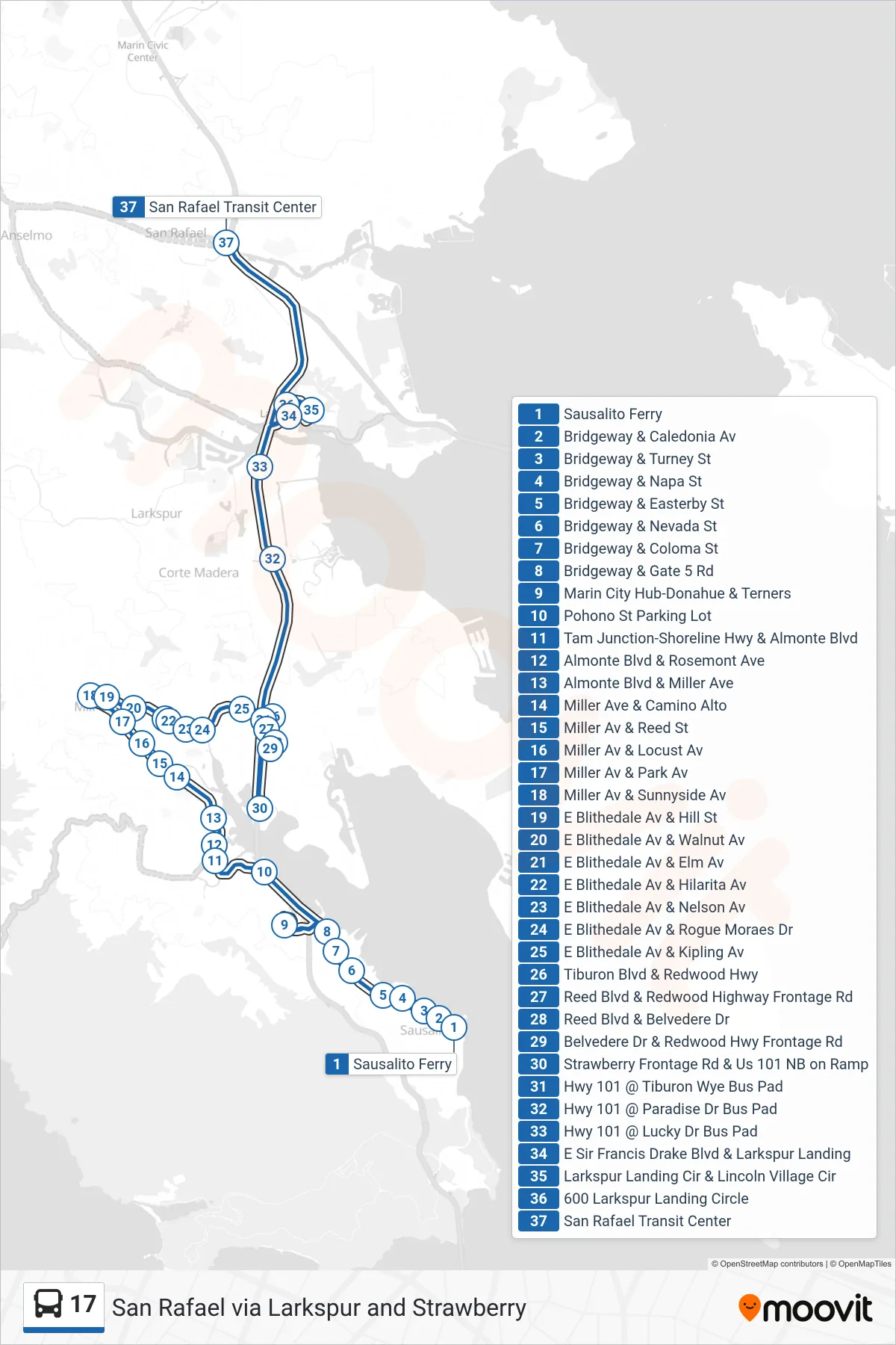 17 bus Line (San Rafael via Larkspur and Strawberry) route and stops on a map