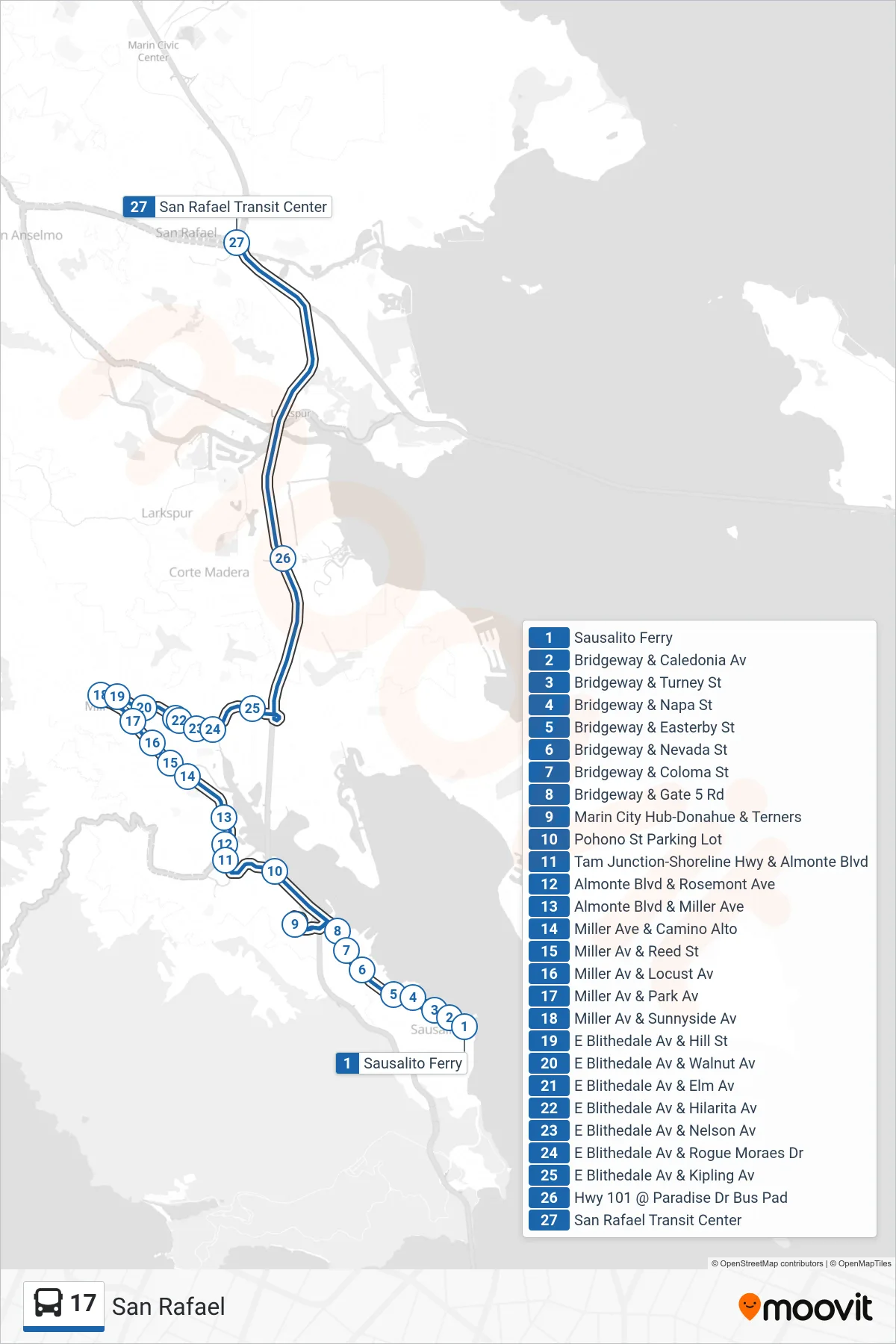 17 bus Line (San Rafael) route and stops on a map