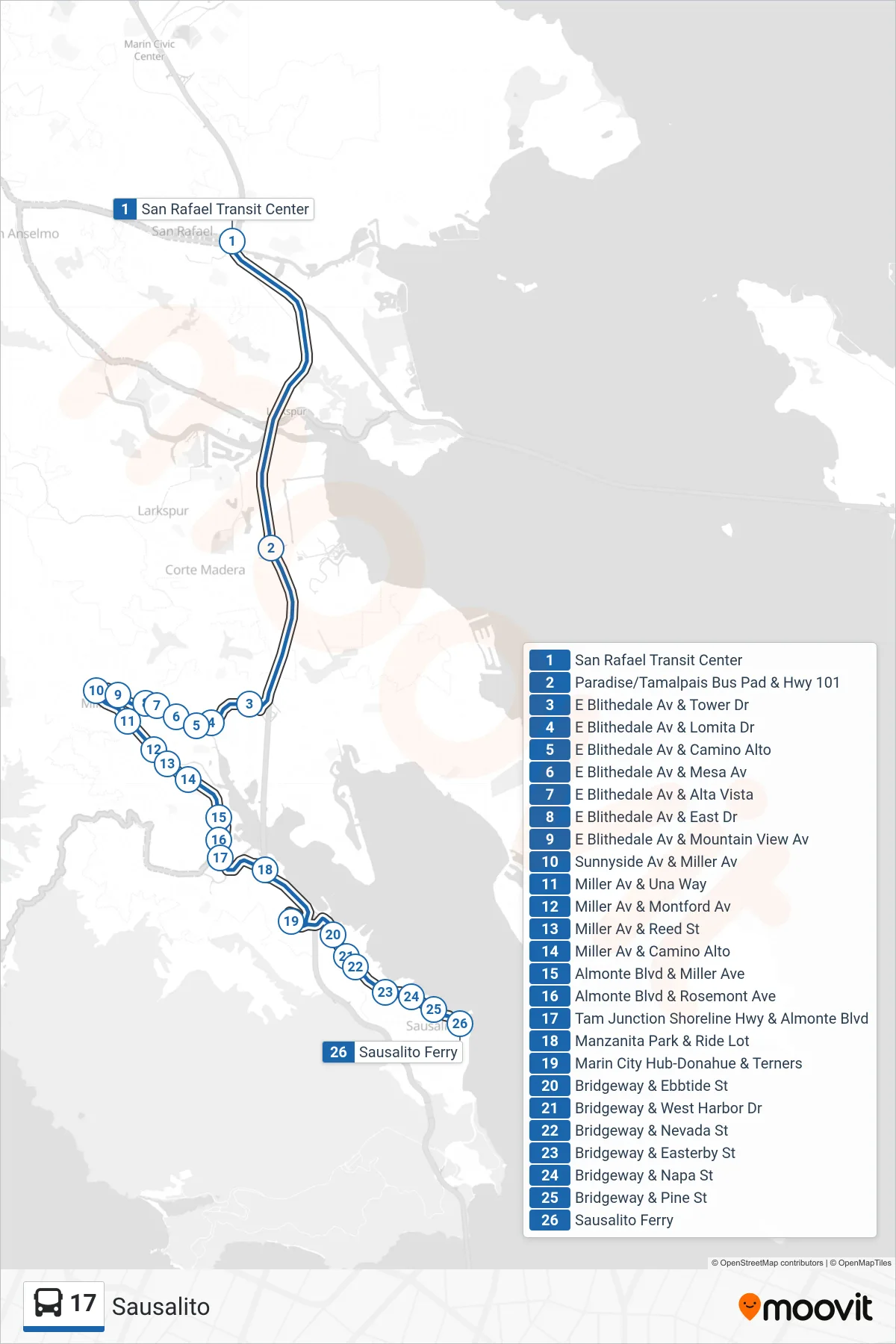 17 bus Line (Sausalito) route and stops on a map