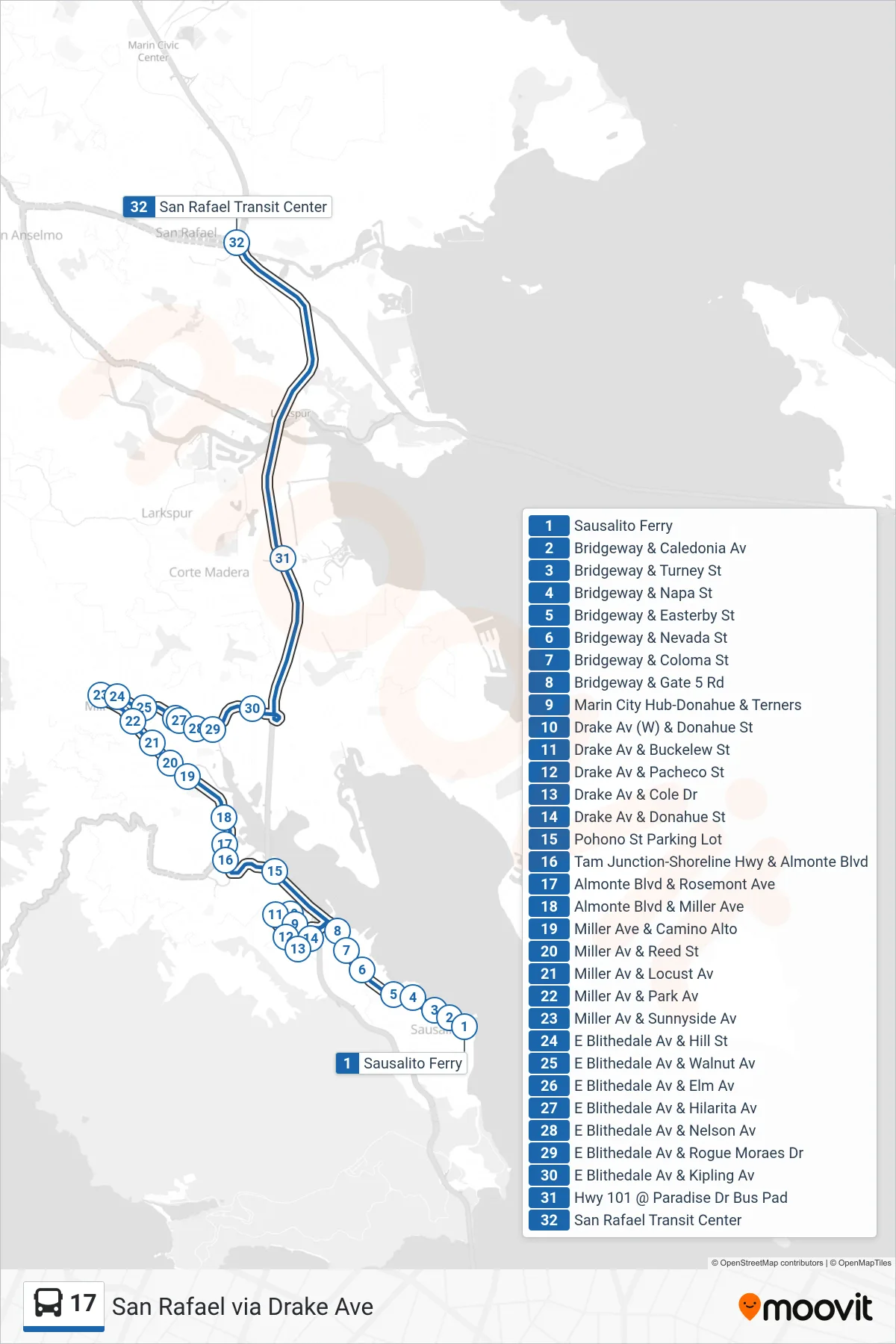 17 bus Line (San Rafael via Drake Ave) route and stops on a map