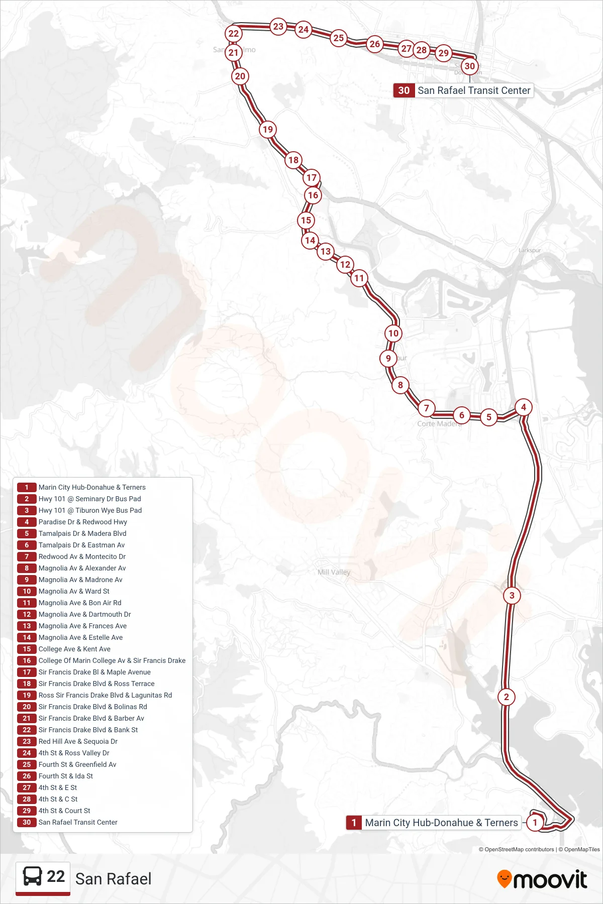 22 bus Line (San Rafael) route and stops on a map