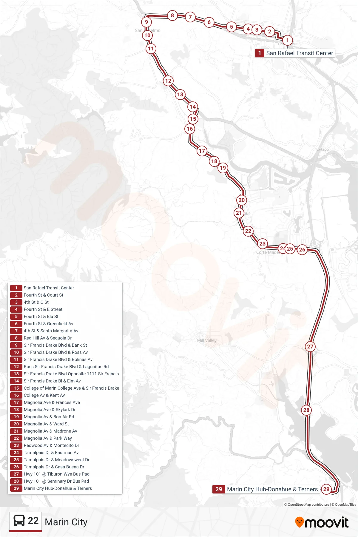 22 bus Line (Marin City) route and stops on a map